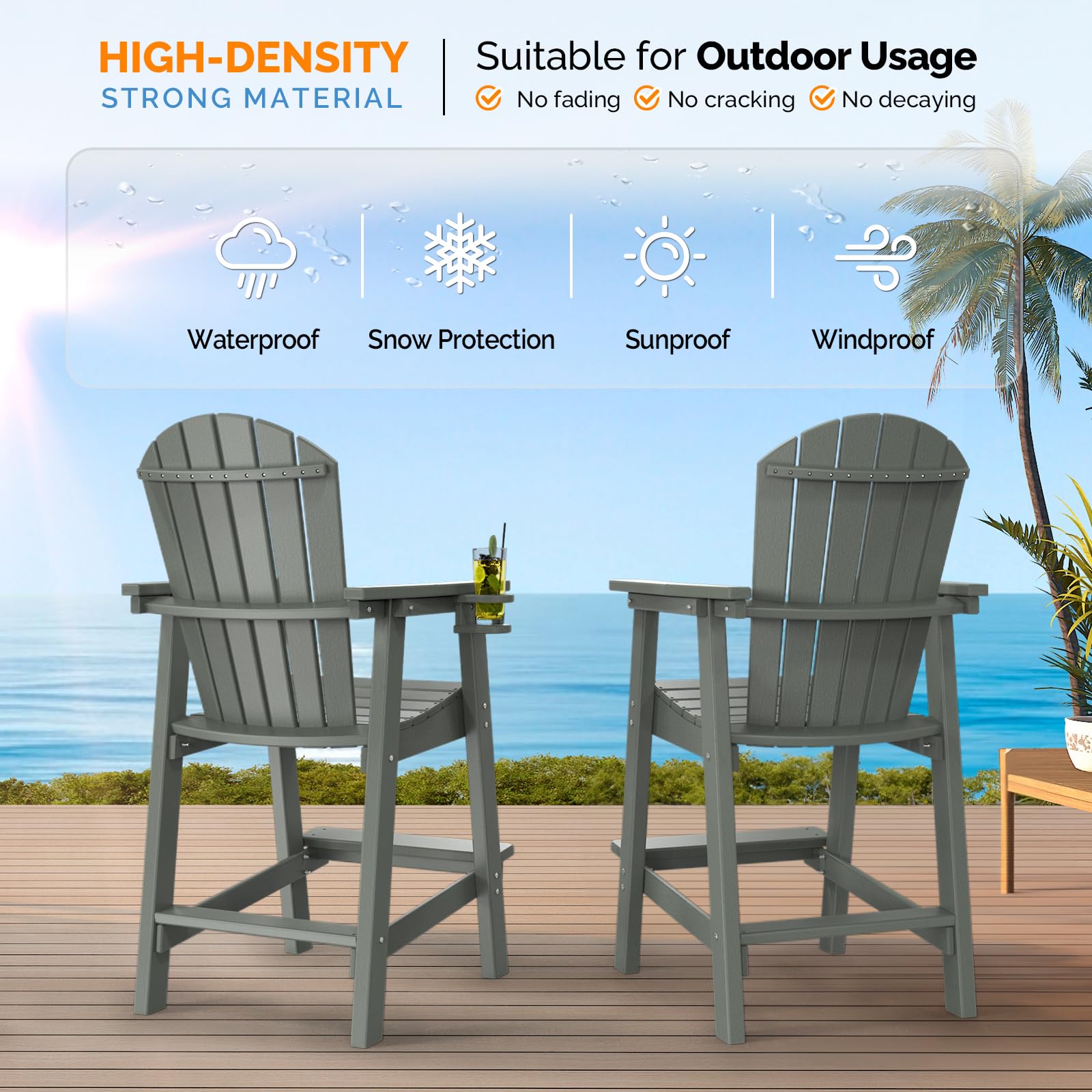 HDPE Adirondack Bar Stools with Cup Holder Grey