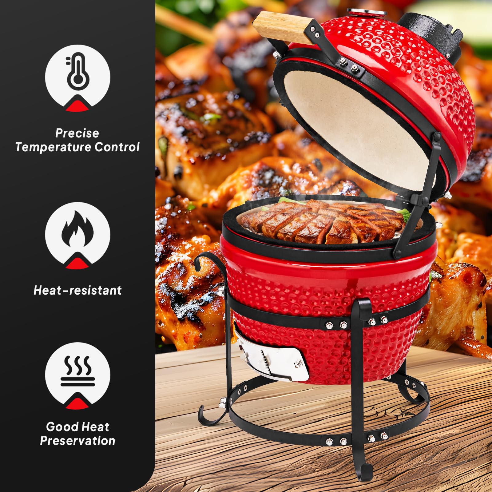 ROVSUN 13" Round Portable Ceramic Grill with Thermometer Red