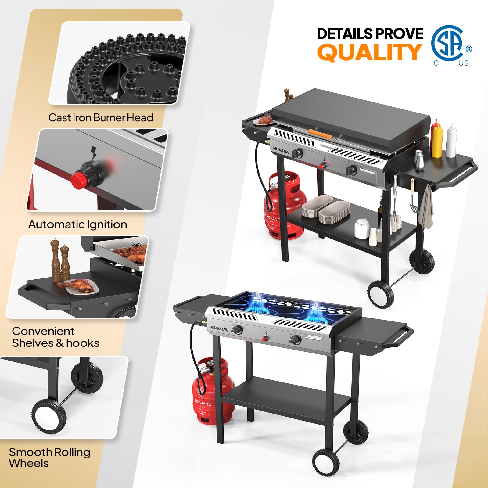 ROVSUN 2-in-1 150,000 BTU Gas Propane Stove & Griddle Combo with Side Shelves & Wheel