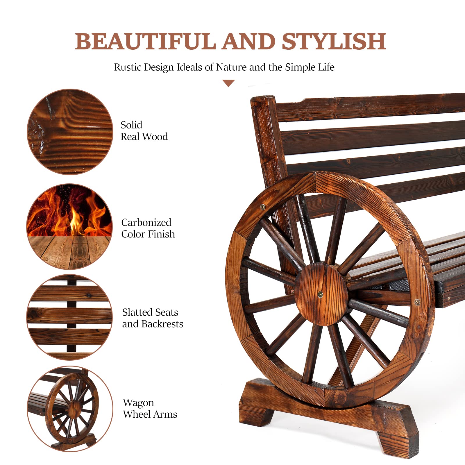 55 Inch Outdoor Bench with Rustic Wooden Wheel