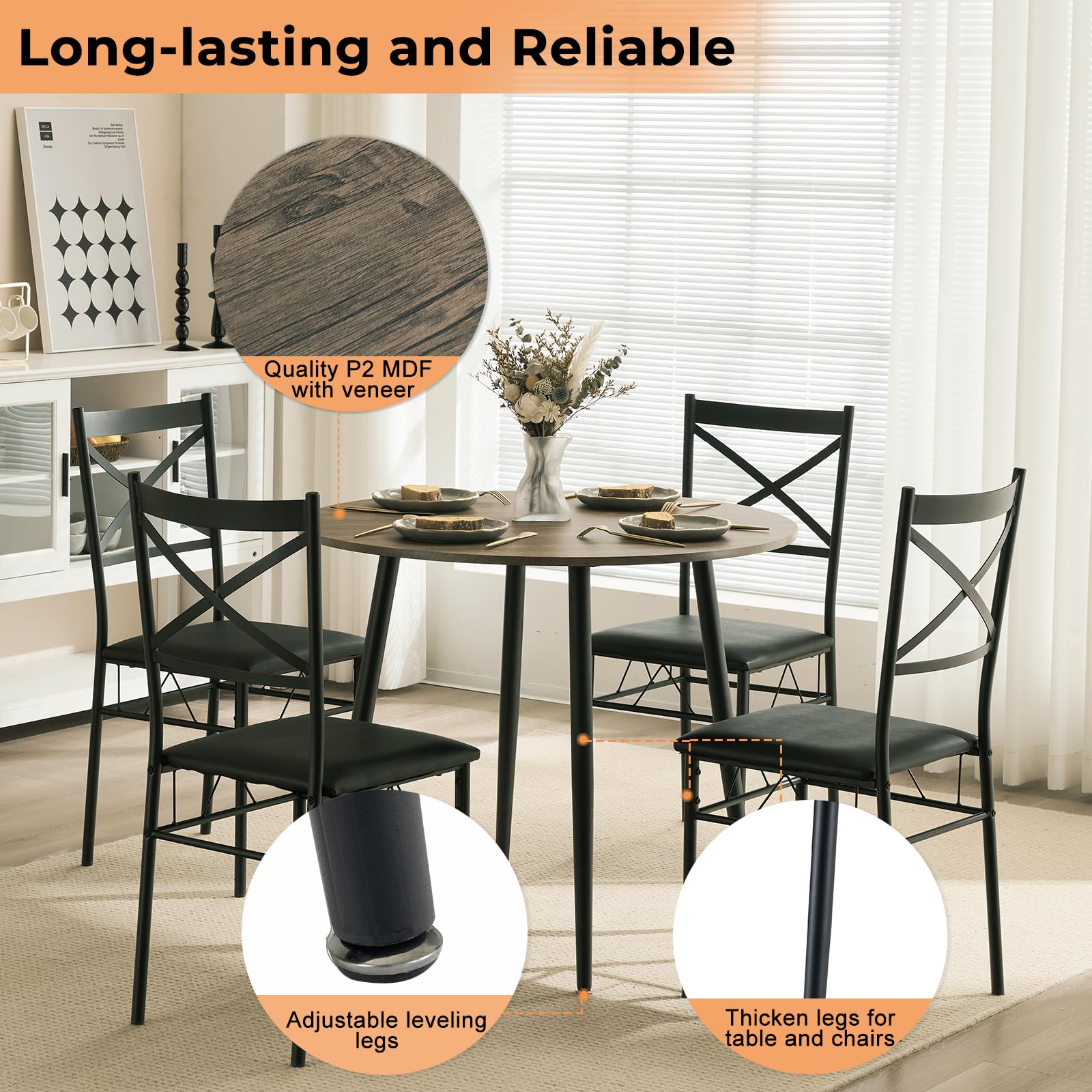 5 Piece Dining Set Round Table and 4 Upholstered Chairs Light Brown