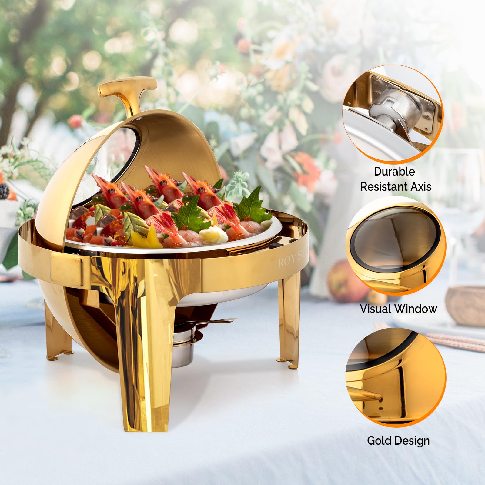 ROVSUN 6 QT Gold Roll Top Round Chafing Dish Buffet Set with Glass Window