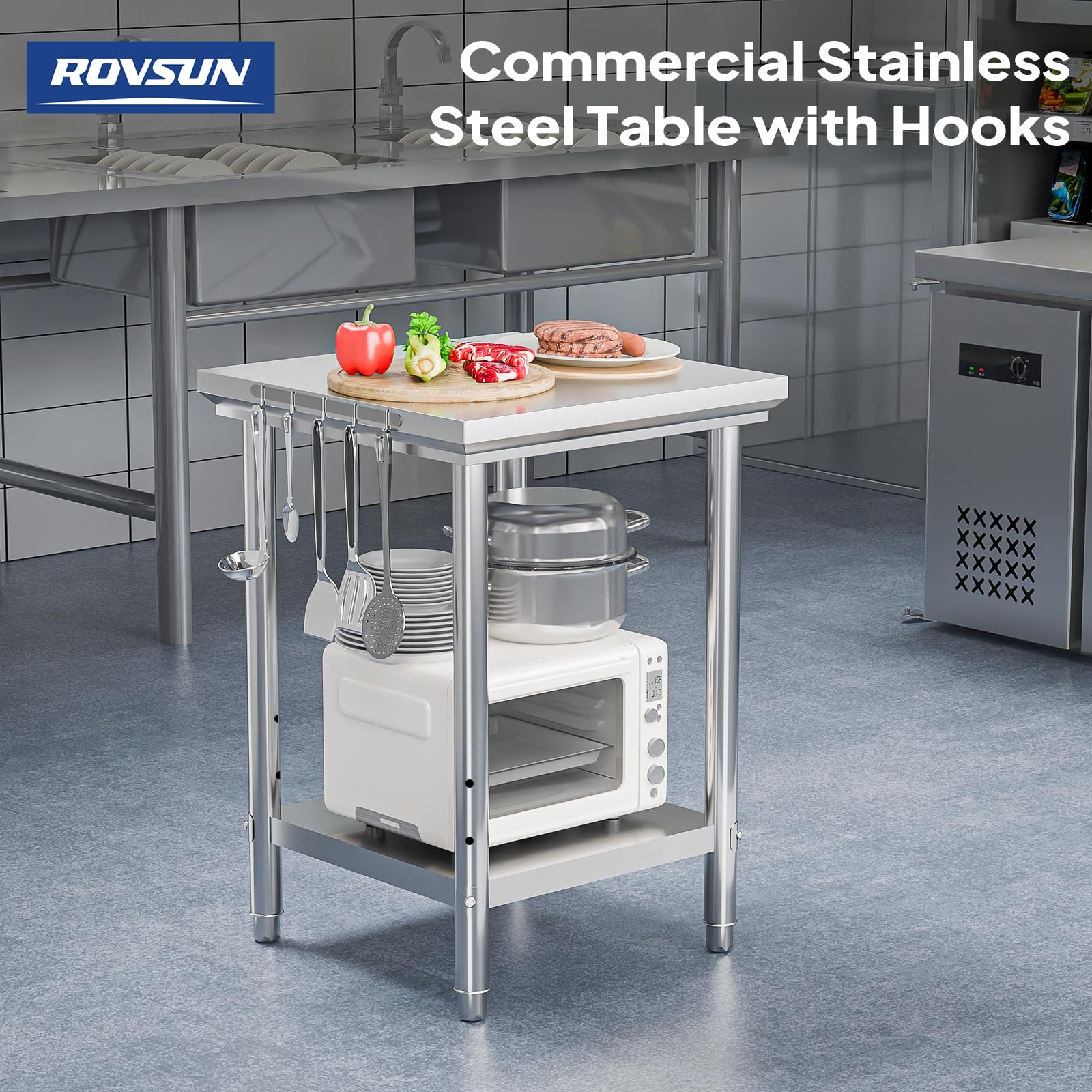 ROVSUN 24" x 24" Stainless Steel Table with Hooks & Undershelf