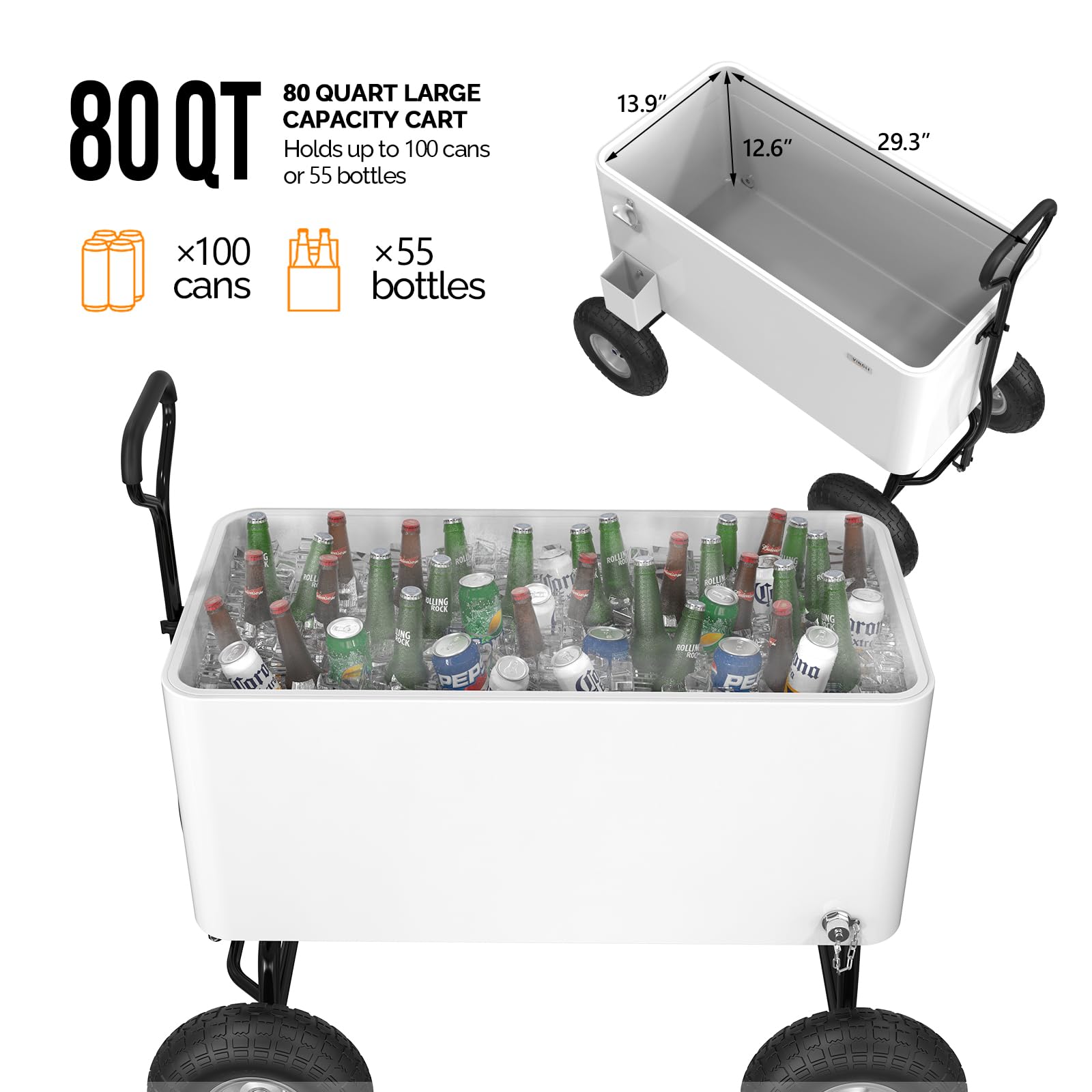 80 Quart Wagon Rolling Cooler Ice Chest with 10" Wheels White