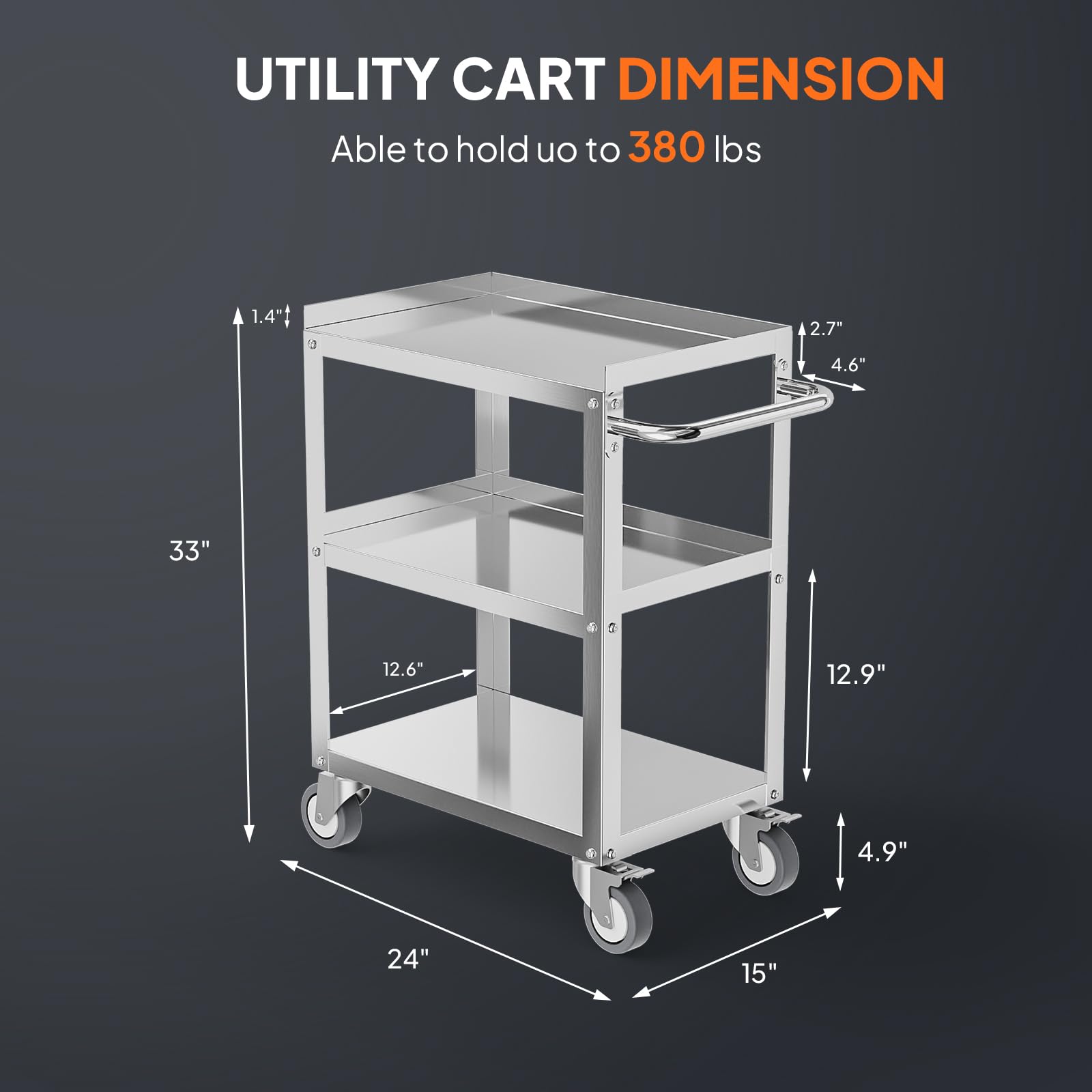 3-Tier 24" x 15" 380 lb. Capacity Stainless Steel Utility Cart