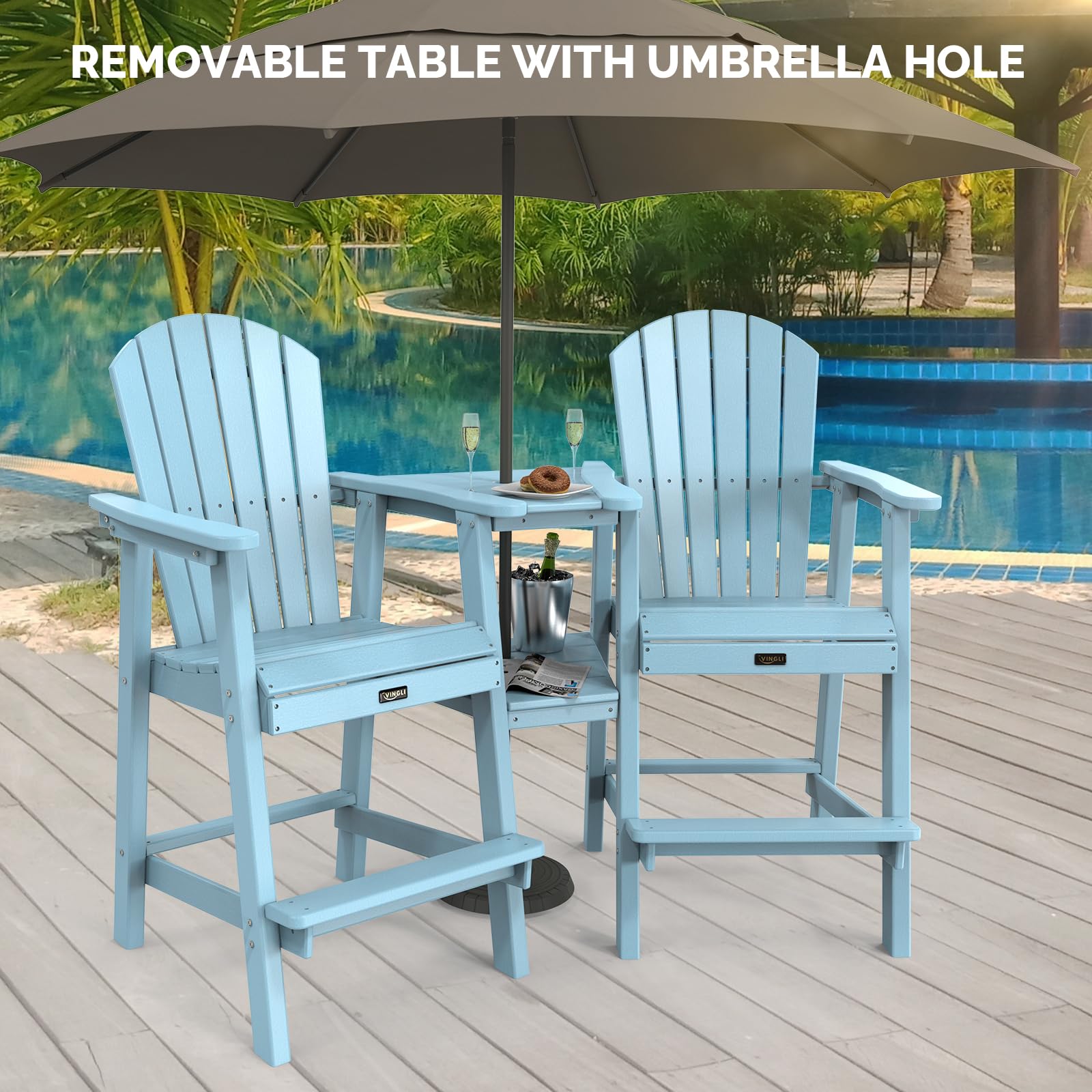 HDPE Adirondack Bar Stool Set with Detachable Tray Blue