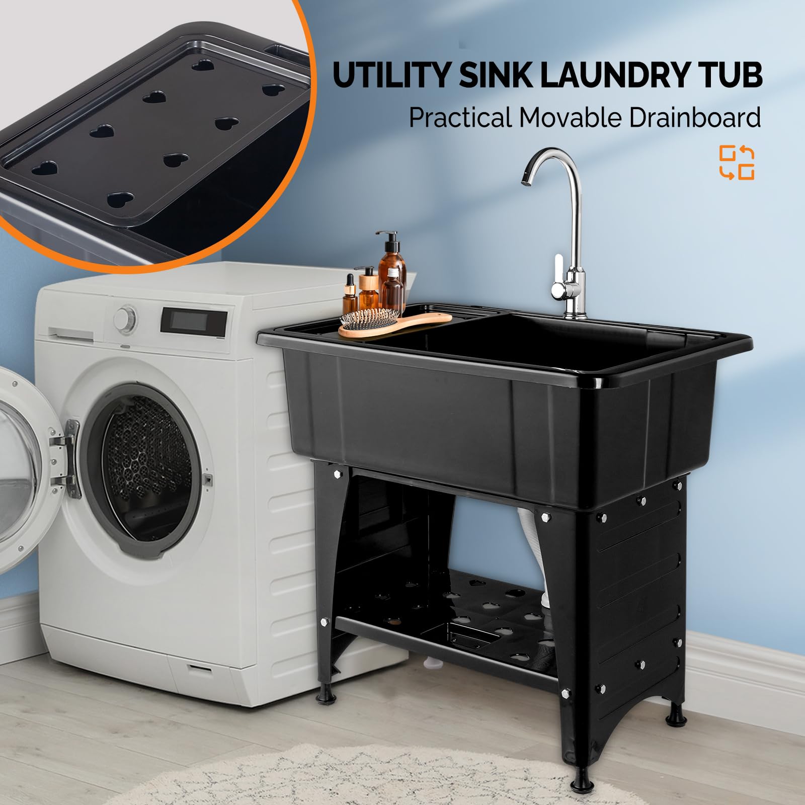 ROVSUN 32" Utility Sink Laundry Tub with Faucet & Shelf & Drainboard Black