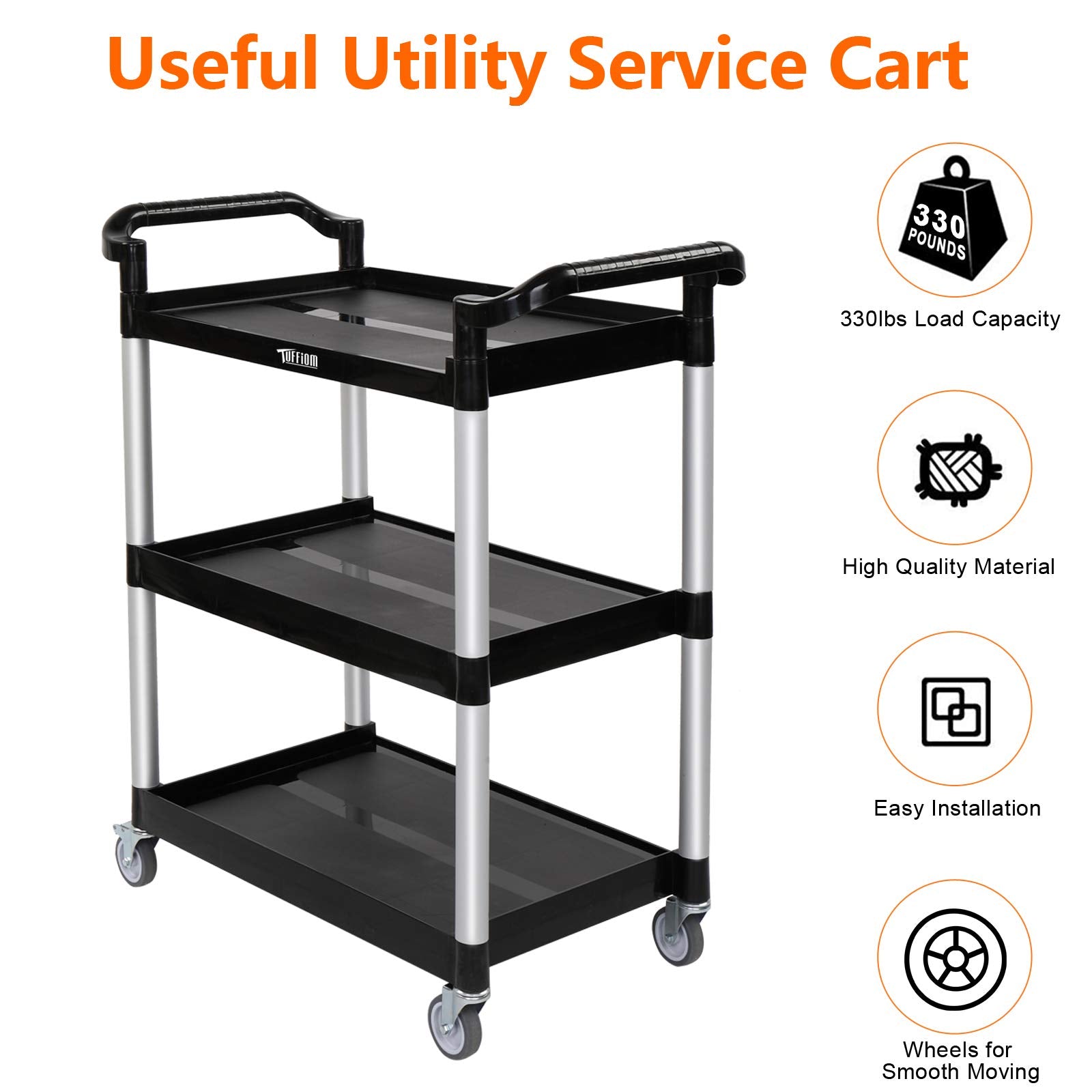 3-Tier 30" x 12" 330 lb. Capacity Plastic Utility Cart/Bussing Cart Black