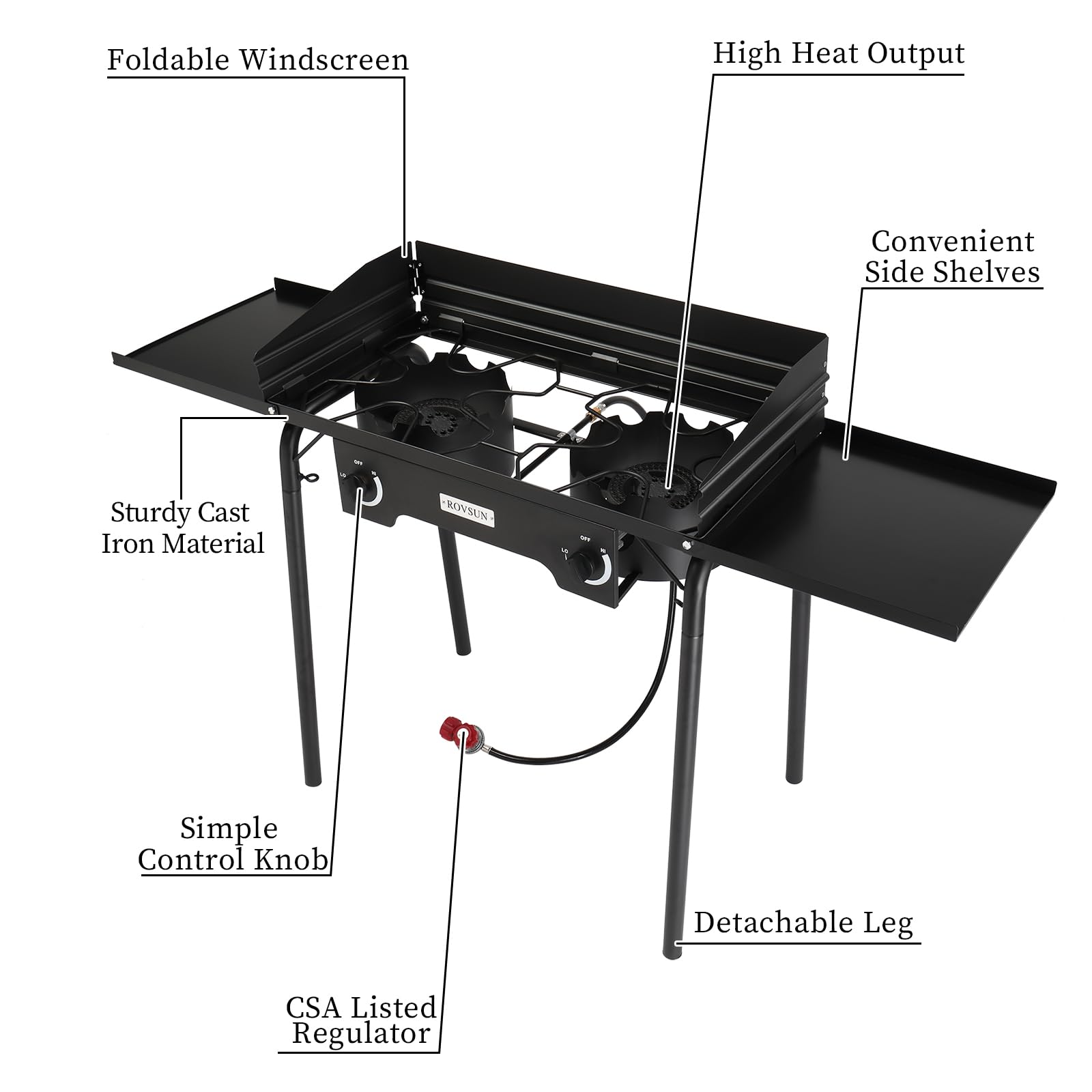 ROVSUN 2 Burner 150000 BTU Outdoor Gas Propane Stove with Windpanel & Side Shelves & Carrying Bag