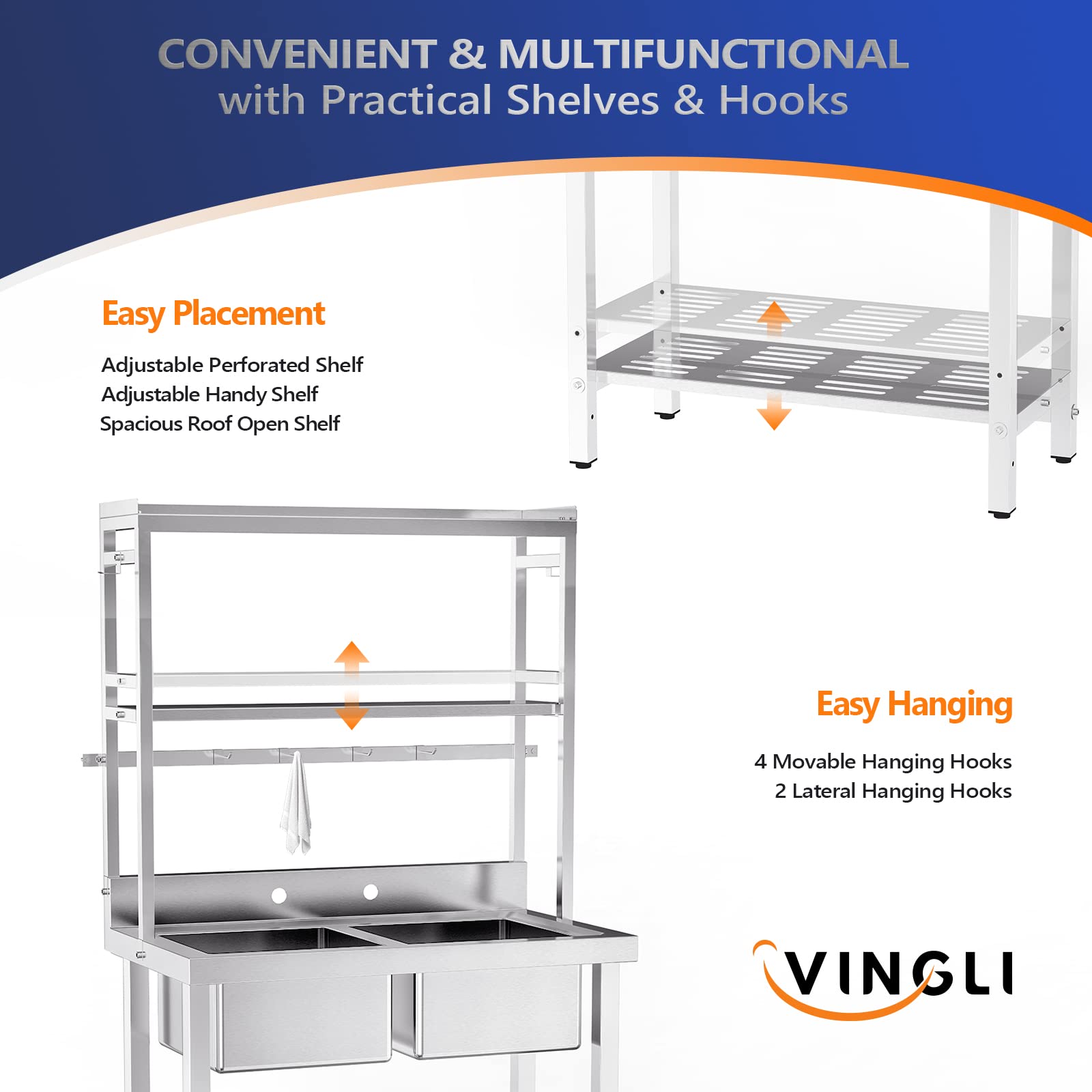 ROVSUN 36" 2 Compartment Stainless Steel Sink with Shelves