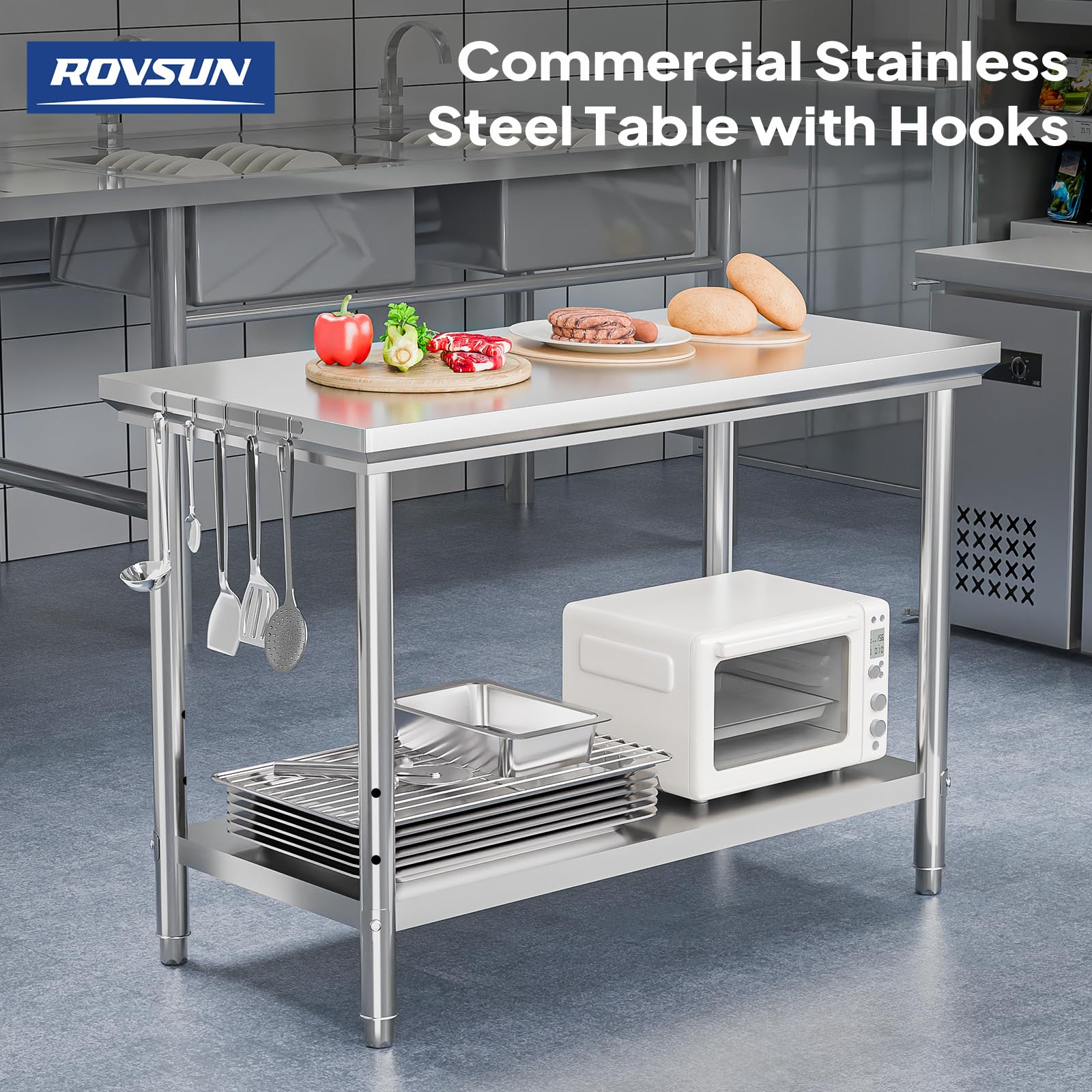 ROVSUN 24" x 48" Stainless Steel Table with Hooks & Undershelf