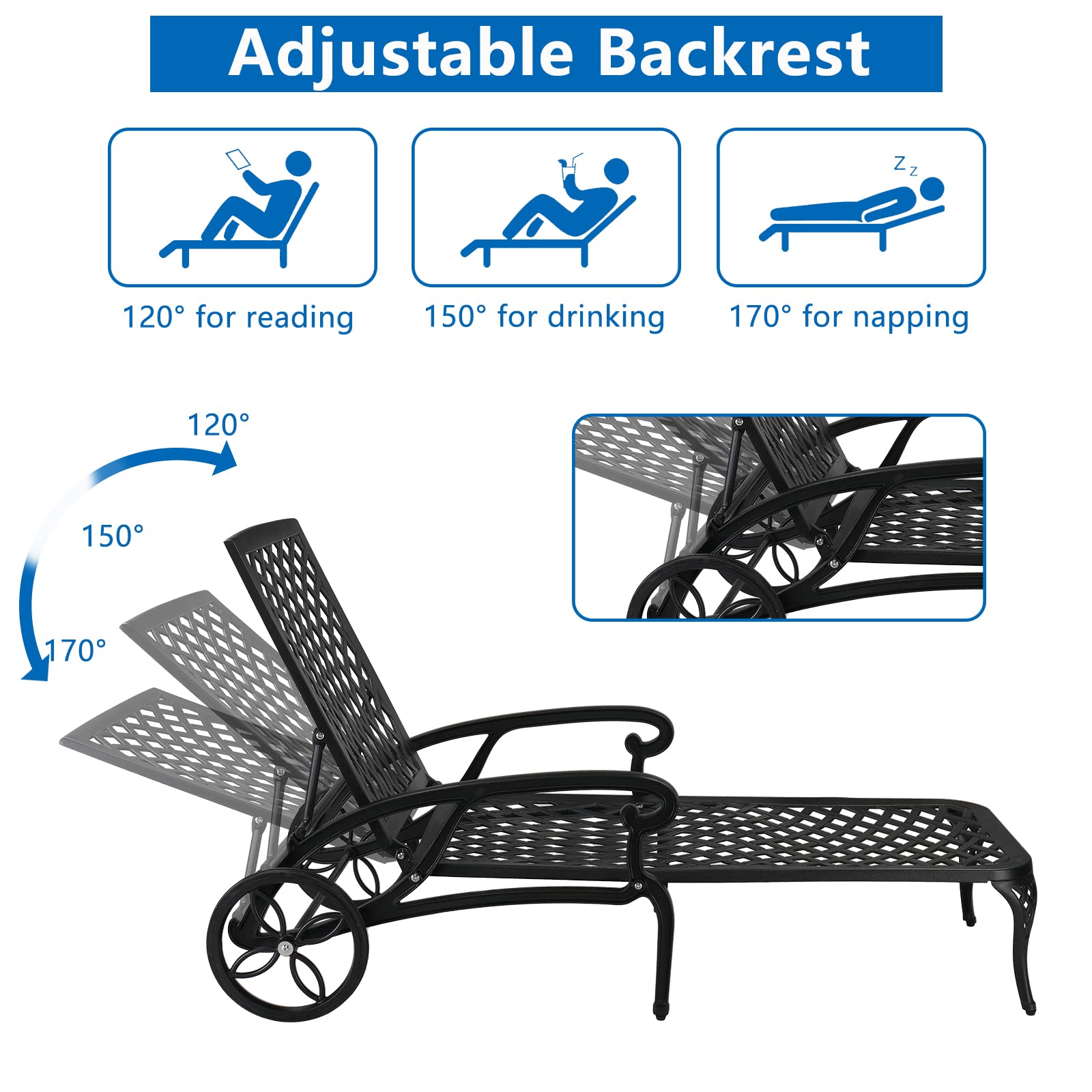 Cast Aluminum Outdoor Chaise Lounge Chair Black