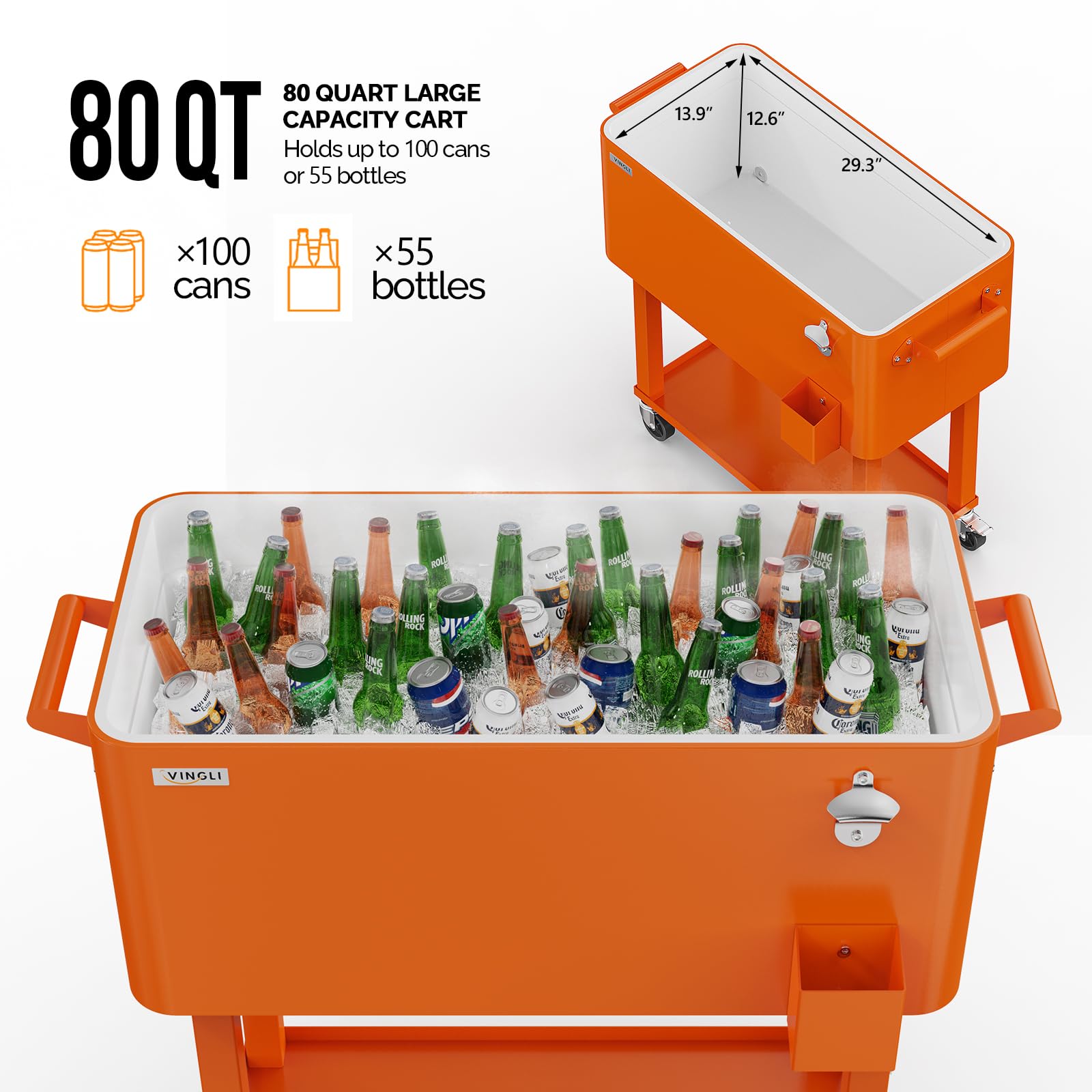 80 Quart Portable Outdoor Patio Rooling Cooler Cart Orange