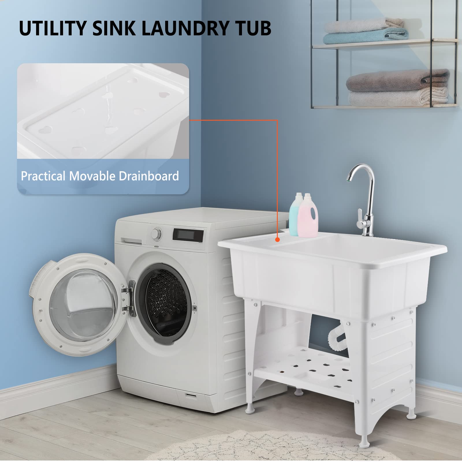 ROVSUN 32" Utility Sink Laundry Tub with Faucet & Shelf & Drainboard White