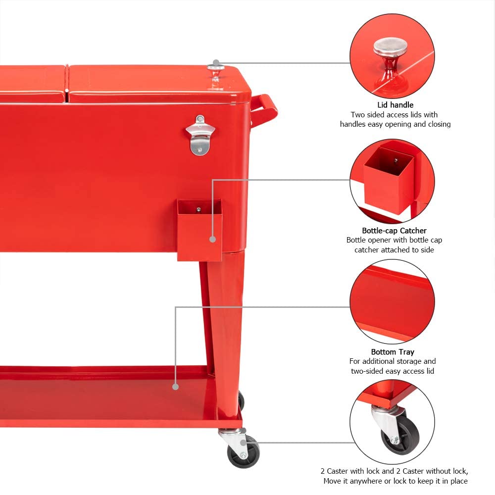 80 Quart Portable Outdoor Patio Rooling Cooler Cart Red