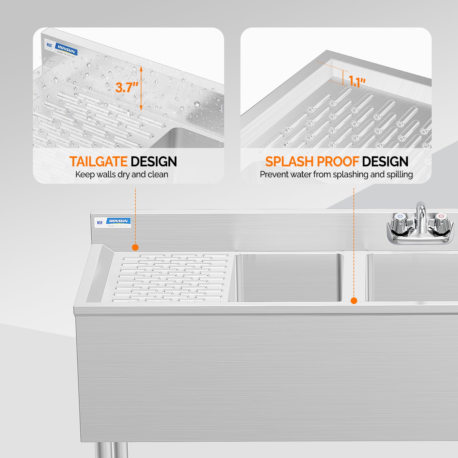 ROVSUN 36" 1 Compartment Stainless Steel Sink with Drainboard & Shelves