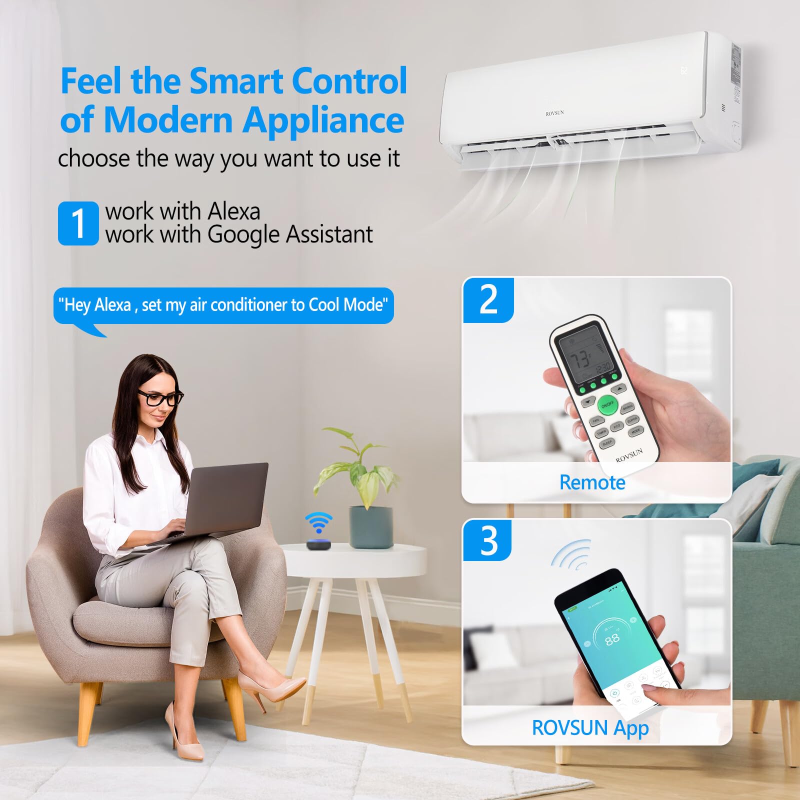 ROVSUN 11000 BTU 17 SEER2 115V Wifi Enabled Ductless Mini Split Air Conditioner with Heat Pump Inverter & Install Kit