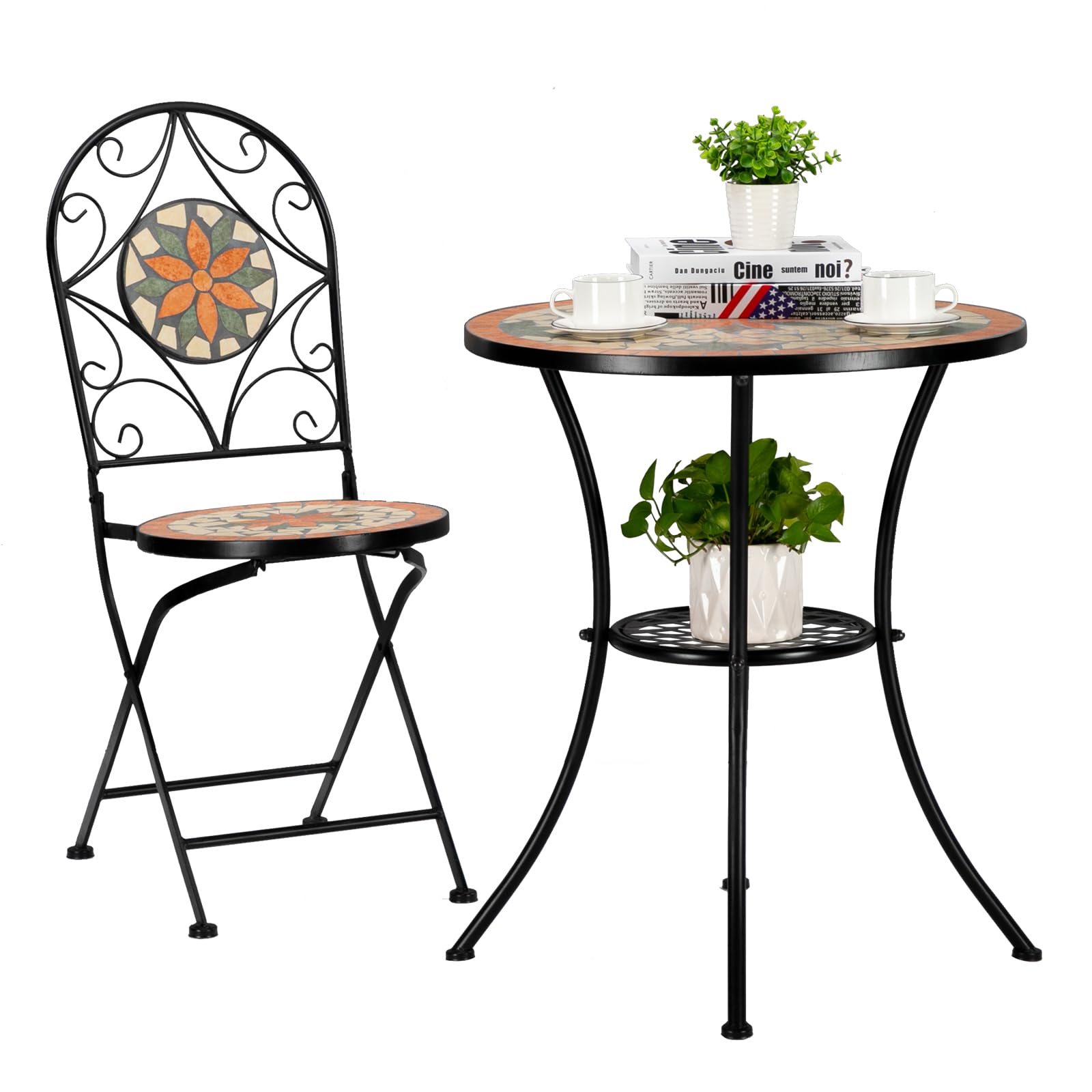 23.6" Round Mosaic Outdoor Side Table Orange