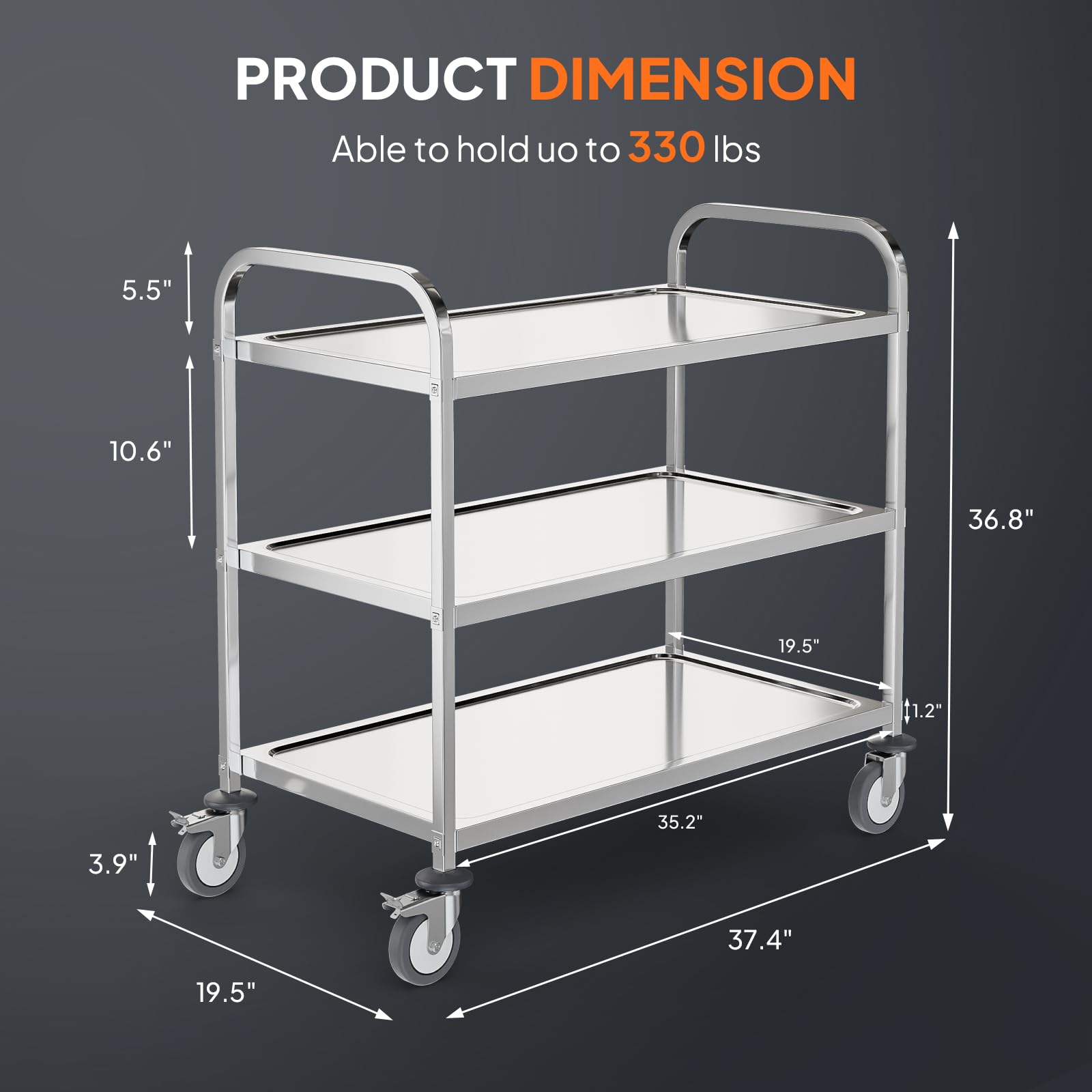 3-Tier Large 330lbs Capacity Stainless Steel Utility Cart with Wheels