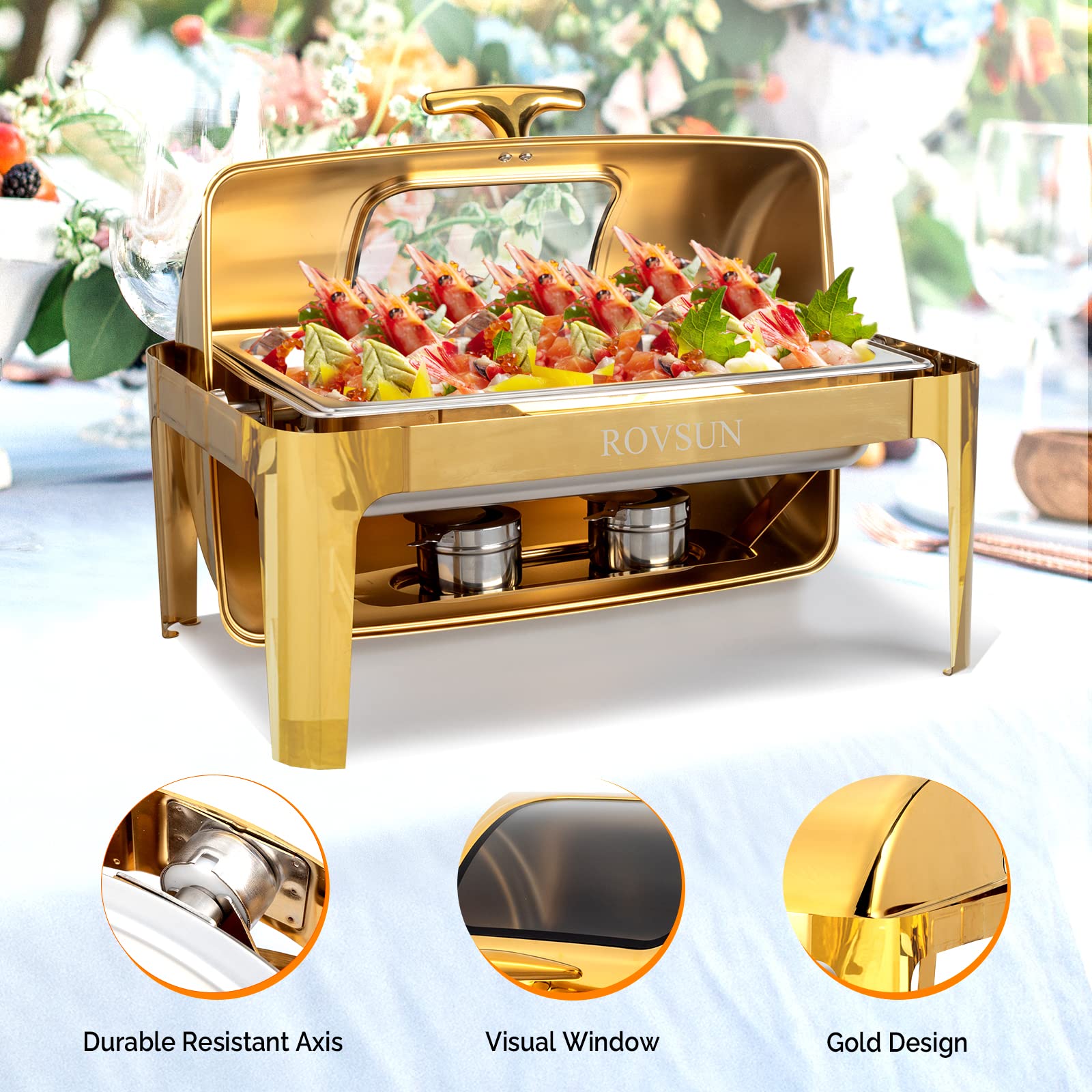 ROVSUN 9 QT Gold Rectangular Roll Top Chafing Dish Buffet Set with Glass Window