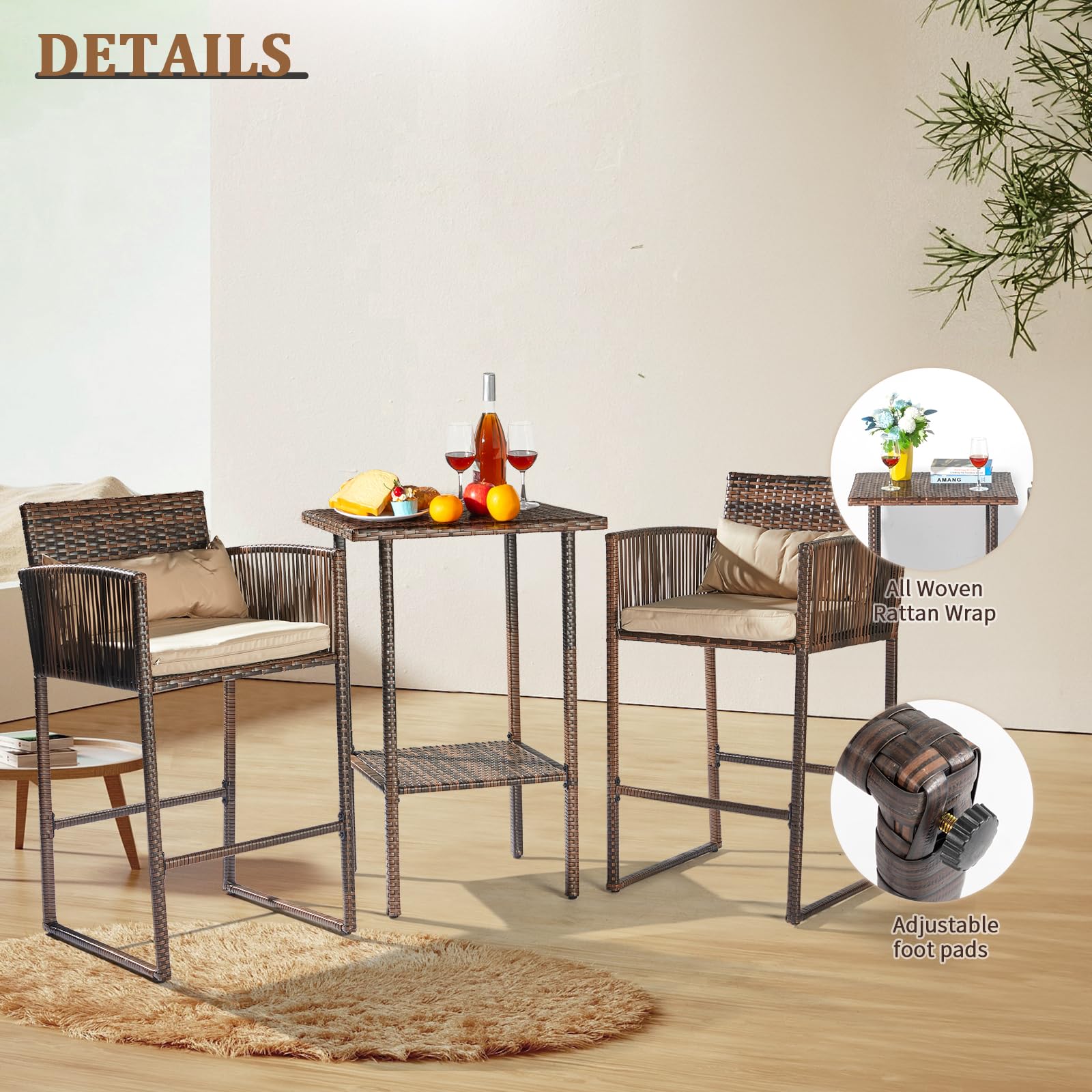 Outdoor Wicker Bar Stools and Table with Storage Shelf