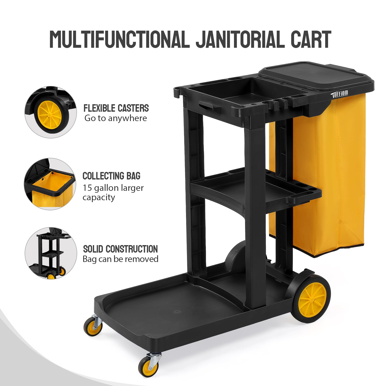 3-Tier Shelf Small 500lbs Capacity Janitorial Cart Black