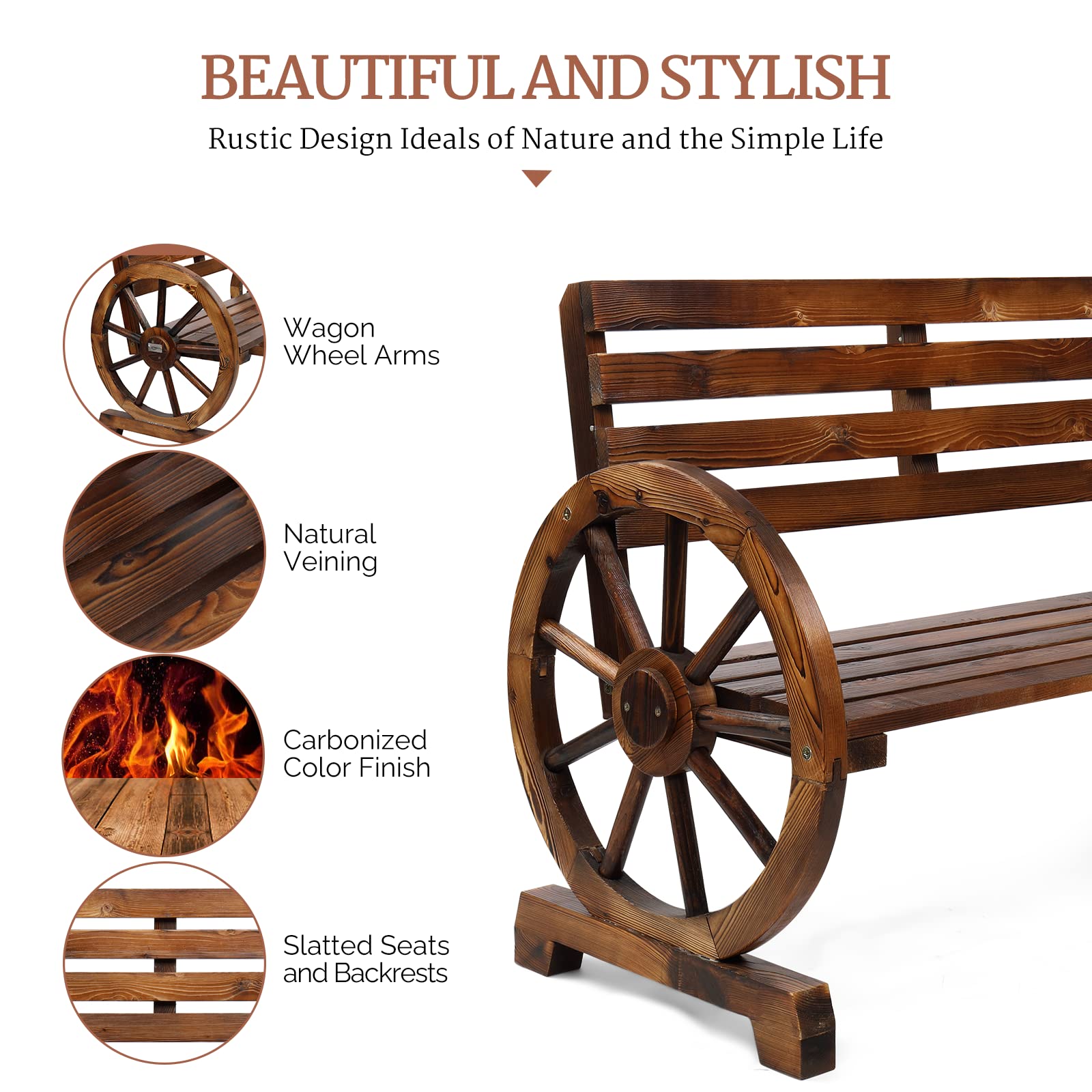 41" Outdoor Bench with Rustic Wooden Wheel