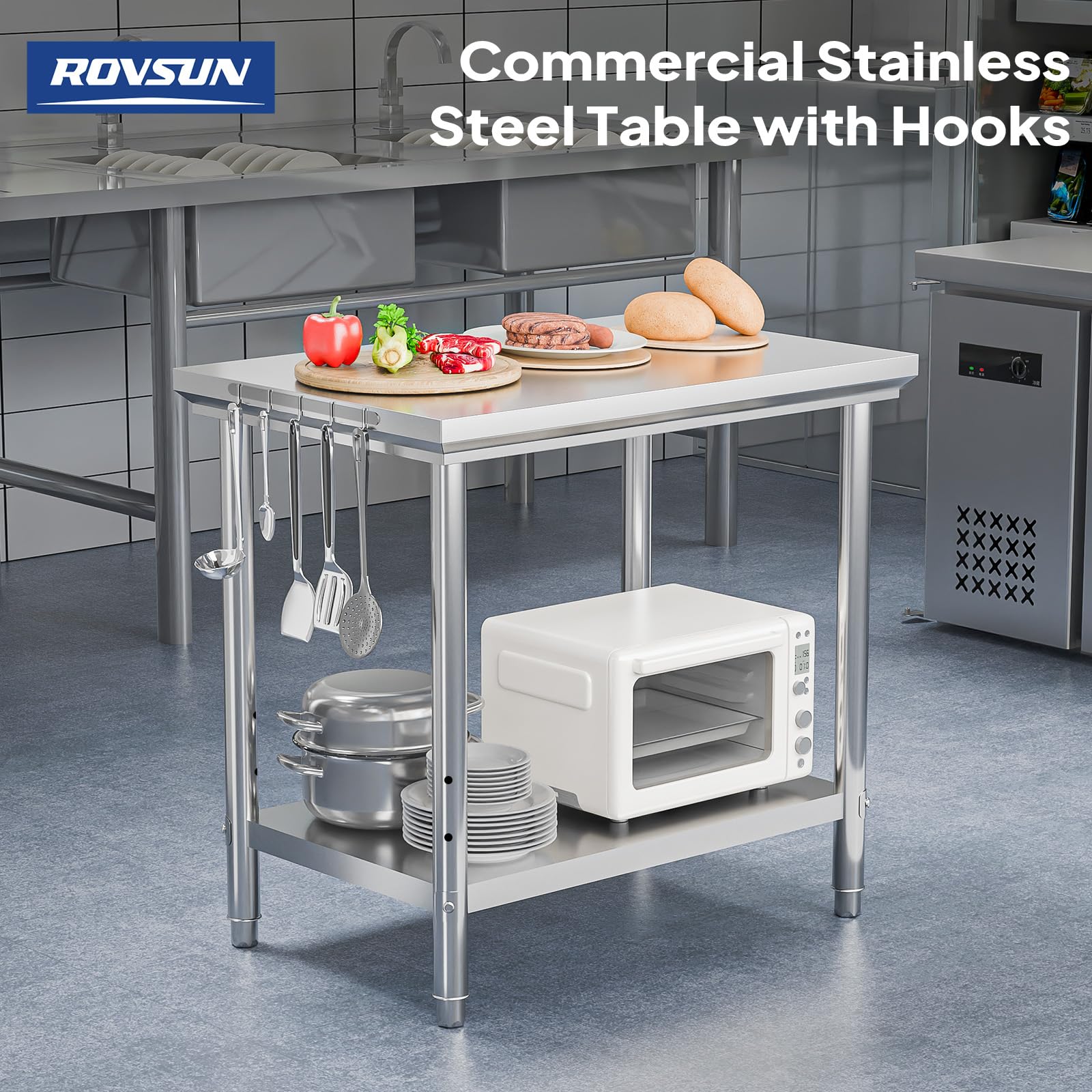 ROVSUN 24" x 36" Stainless Steel Table with Hooks & Undershelf