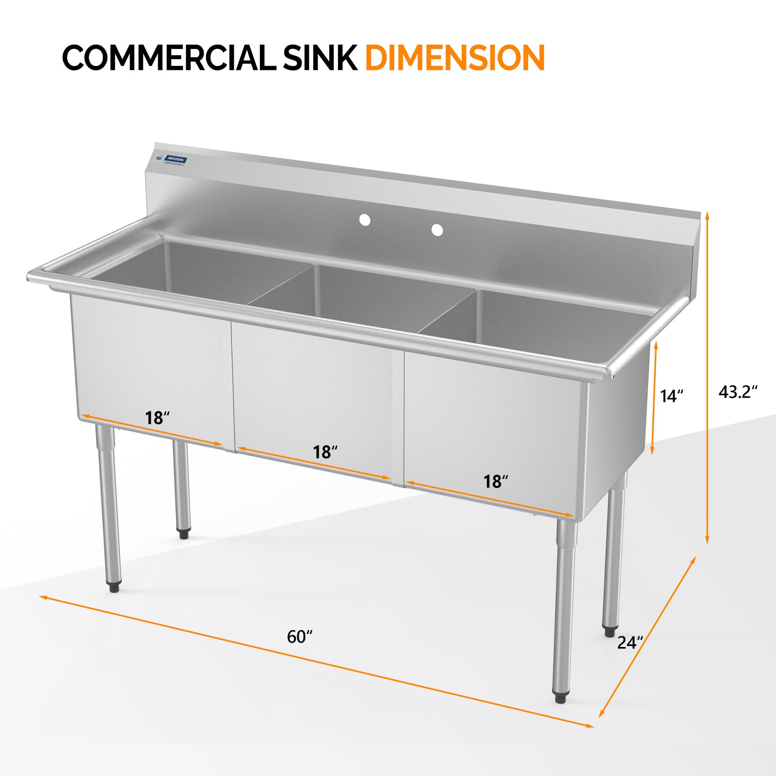 ROVSUN 60" 3 Compartment 304 Stainless Steel Sink with Backsplash