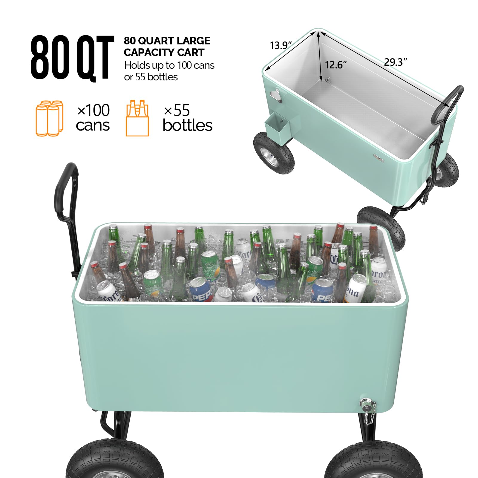 80 Quart Wagon Rolling Cooler Ice Chest with 10" Wheels Mint