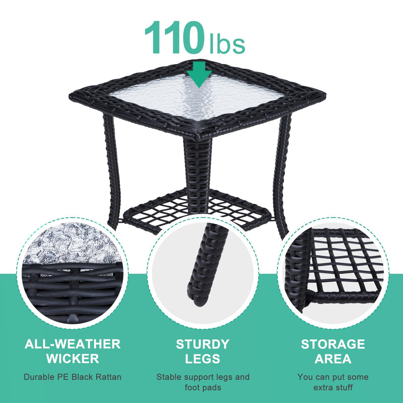 Outdoor Wicker Side Table with Tempered Glass Top Black