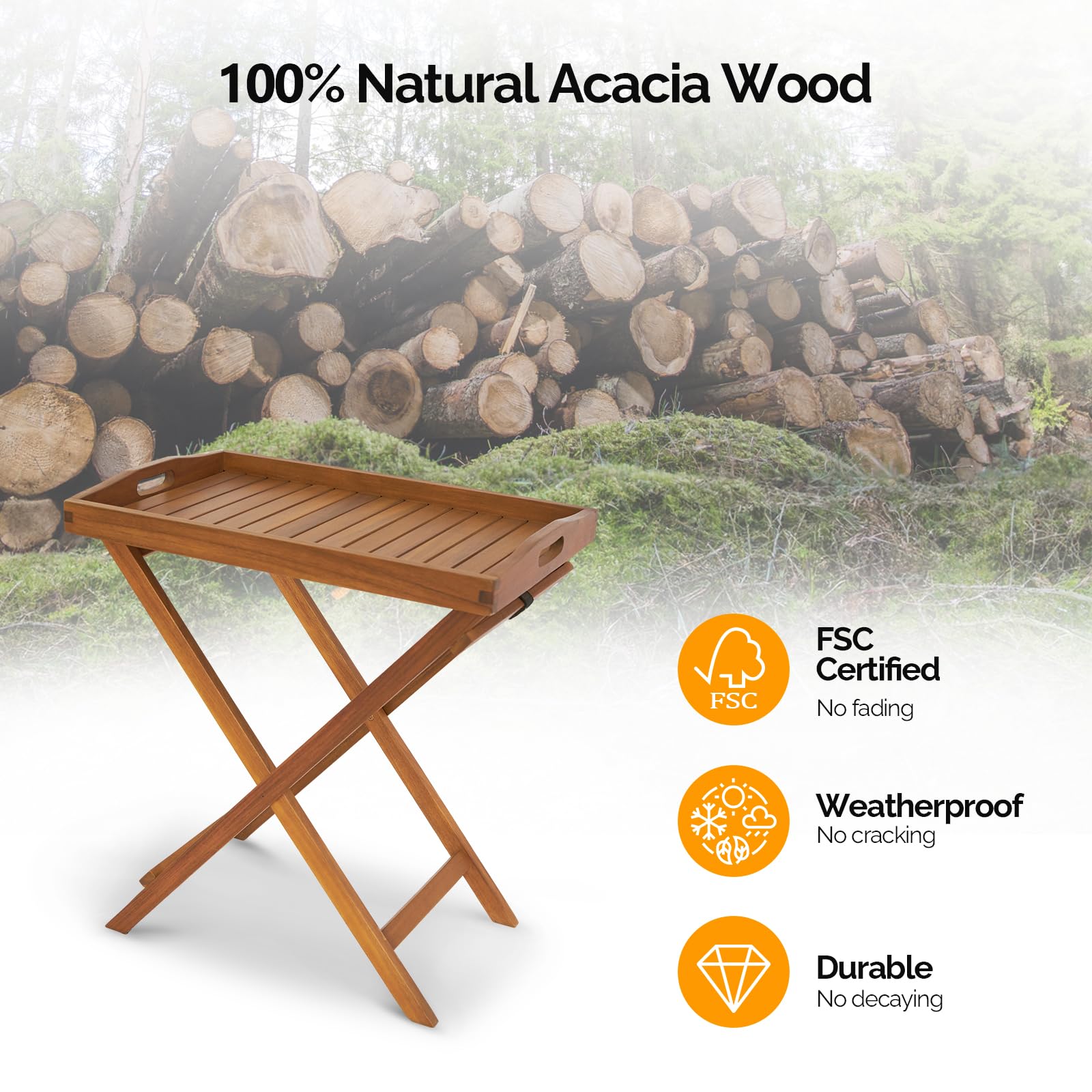 26 Inch FSC Acacia Wooden Folding Table with Removable Tray