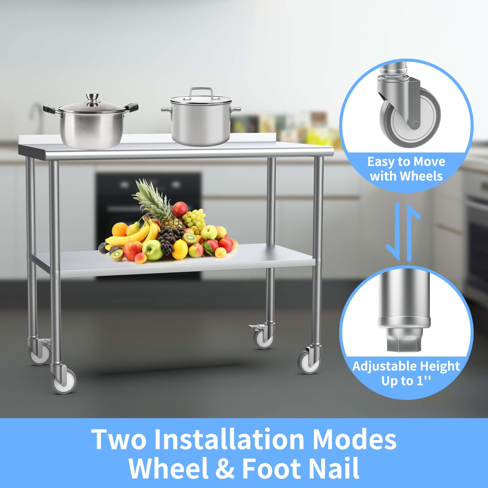 ROVSUN 24" x 72" Stainless Steel Table with Backsplash & Undershelf & Caster