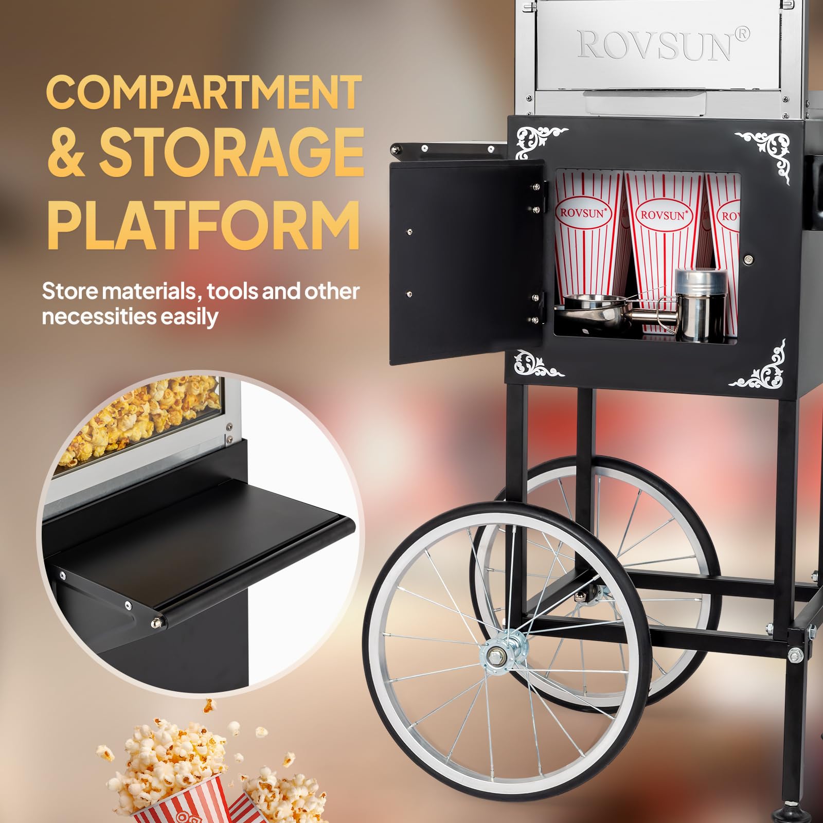 ROVSUN 10 oz. Kettle 800W 120V Popcorn Machine Maker Cart on Wheels Black