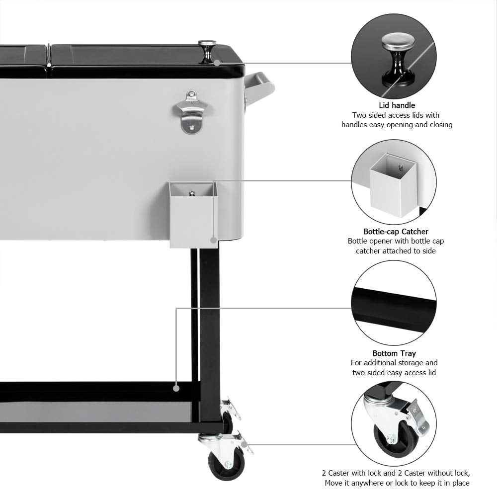 80 Quart Portable Outdoor Patio Rooling Cooler Cart Grey