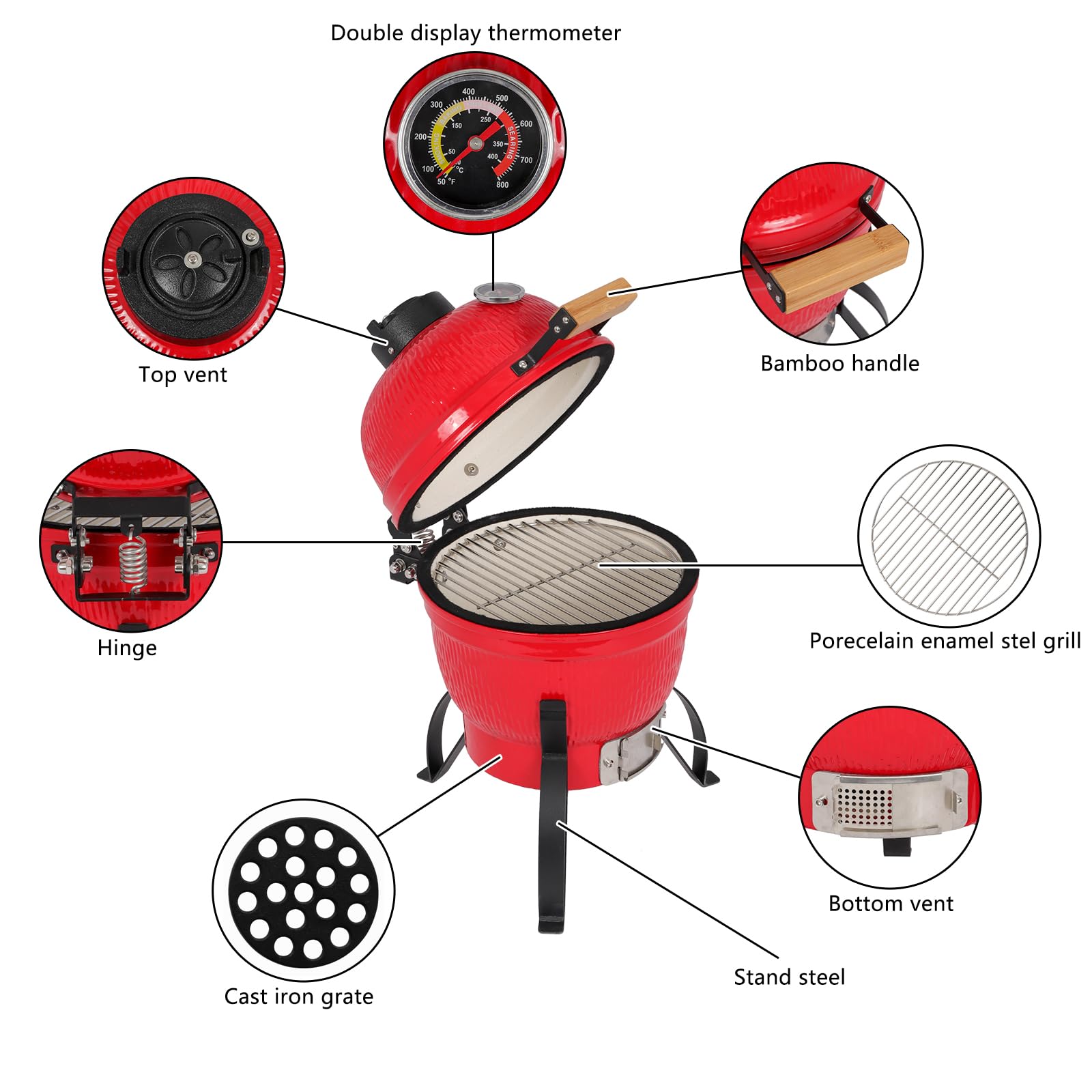 13 Inch Round Portable Ceramic Grill with Thermometer Red