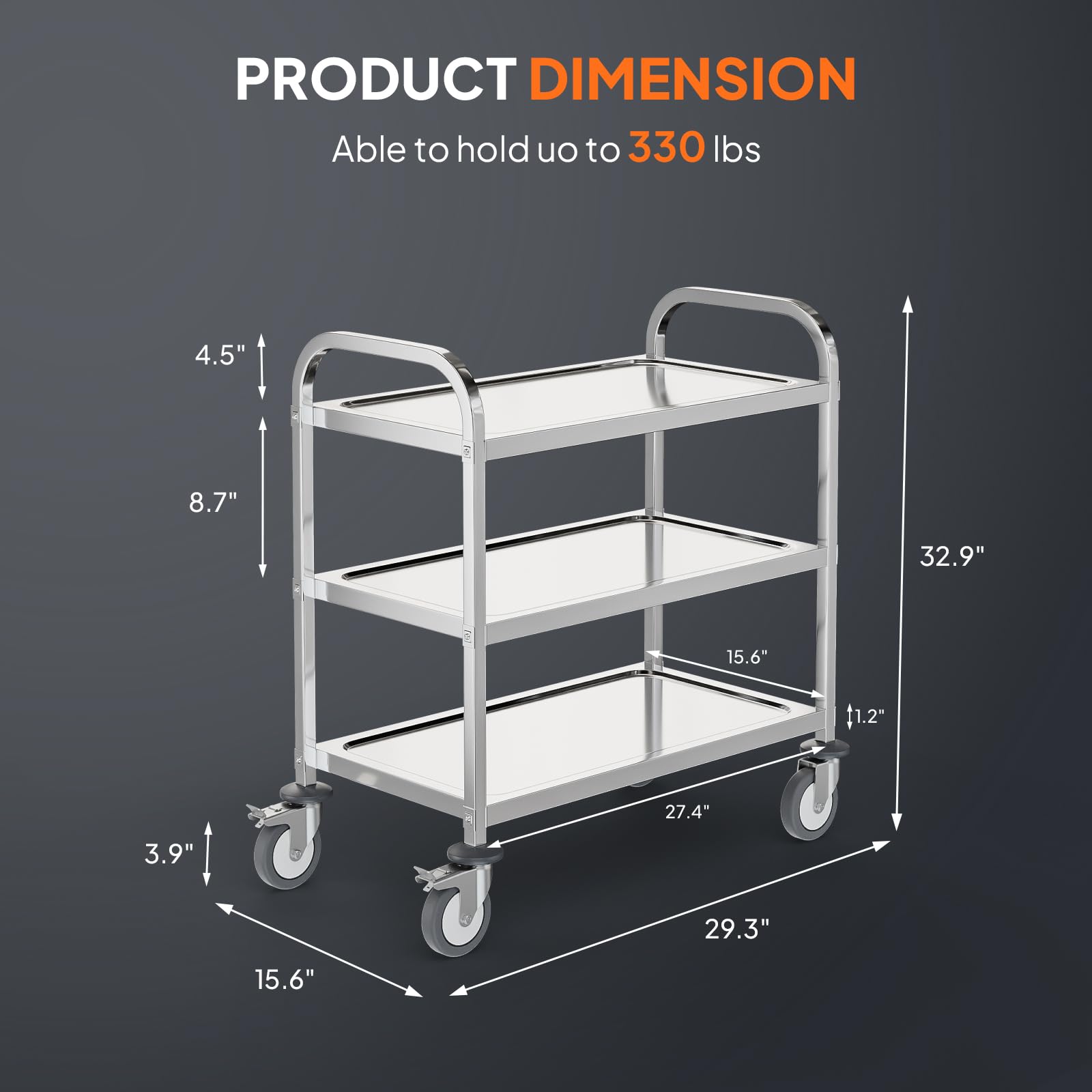 3-Tier Small 330lbs Capacity Stainless Steel Utility Cart with Wheels