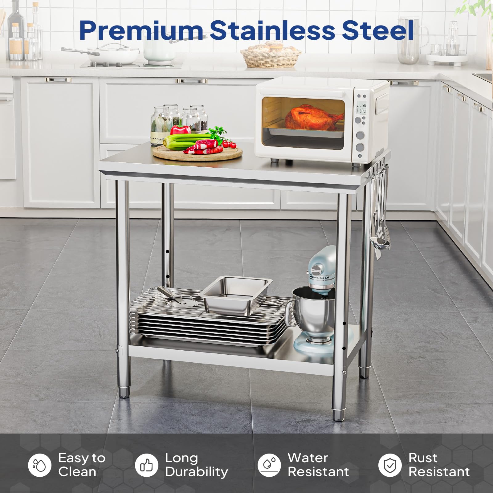 ROVSUN 24" x 36" Stainless Steel Table with Hooks & Undershelf