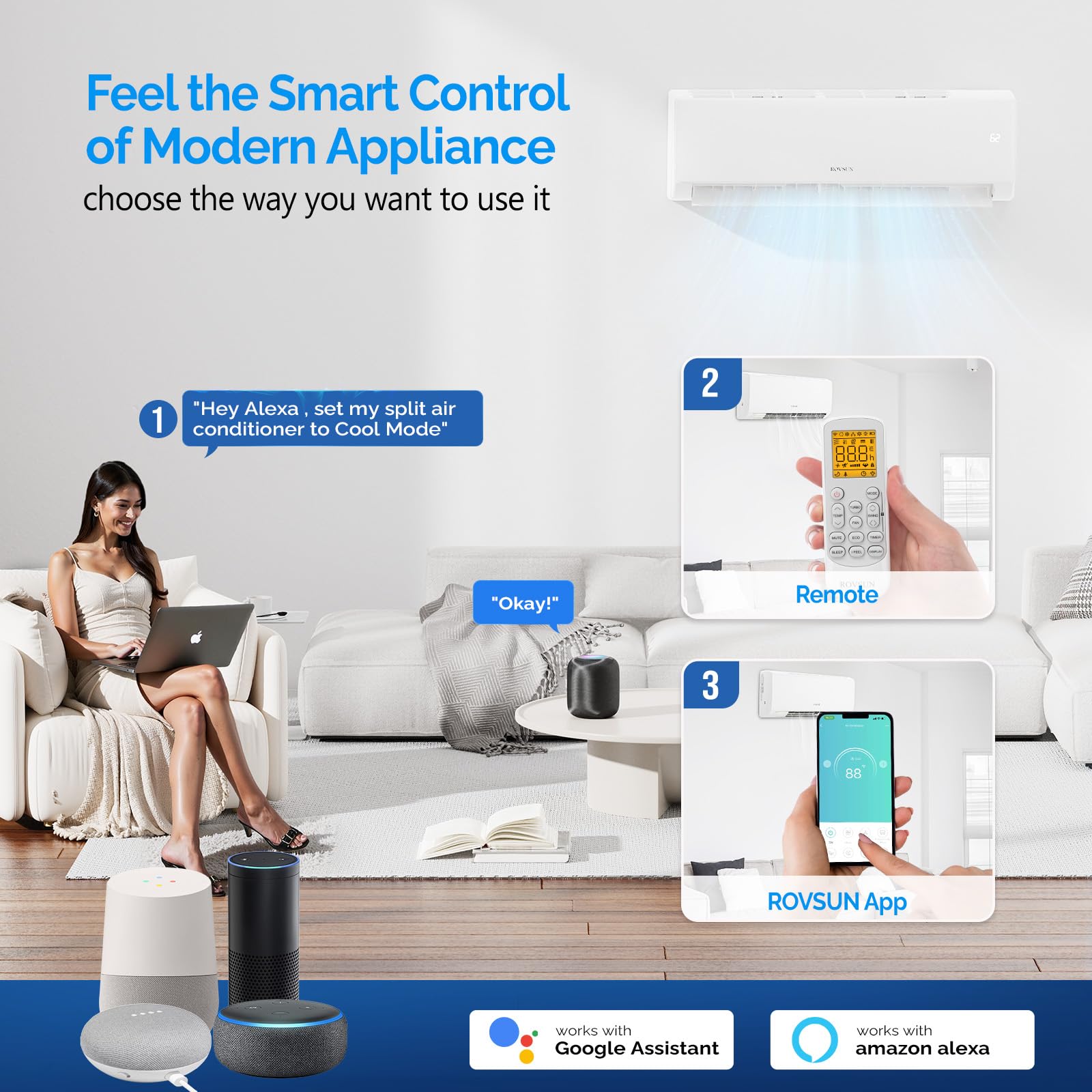 ROVSUN 3 Zone 9,000 + 9,000 + 12,000 / 35,000 BTU Wifi Mini Split Air Conditioner Ductless 19 SEER2 230V with Heat Pump & 25Ft Install Kit