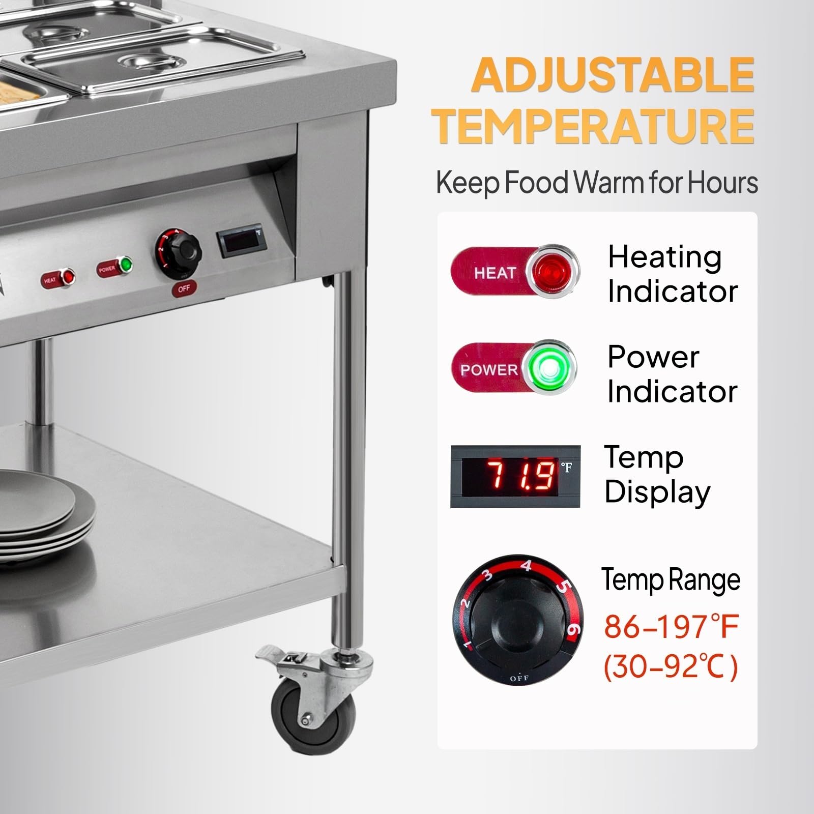 ROVSUN 72 QT 1500W 110V 9-Pan Electric Steam Table Food Warmer with Shelf