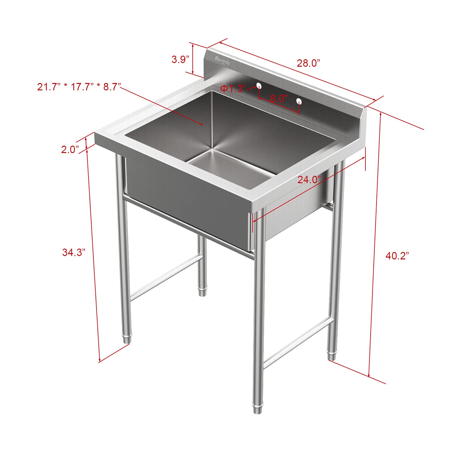 ROVSUN 28" 1 Compartment Stainless Steel Sink with Backsplash