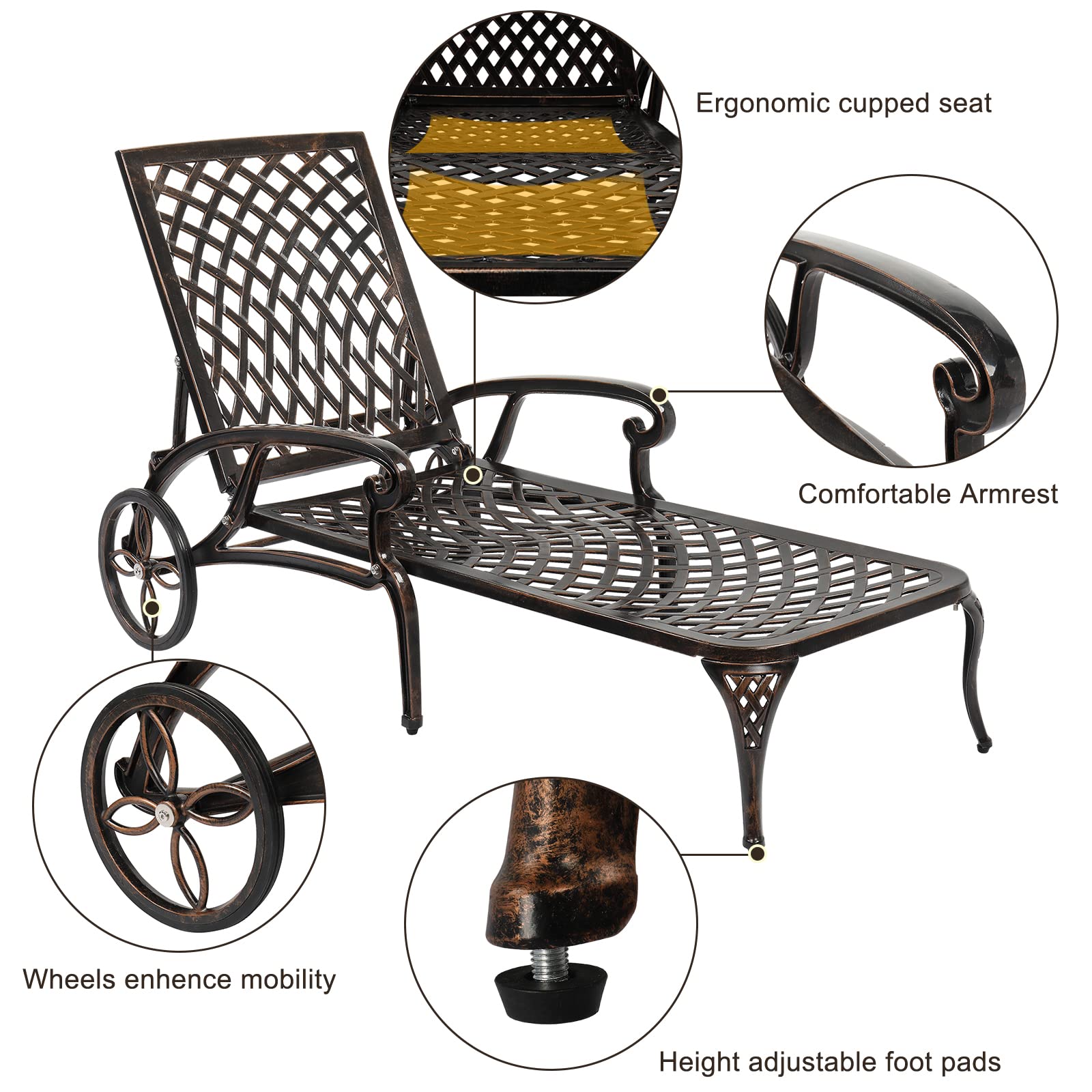 Cast Aluminum Outdoor Chaise Lounge Chair Bronze