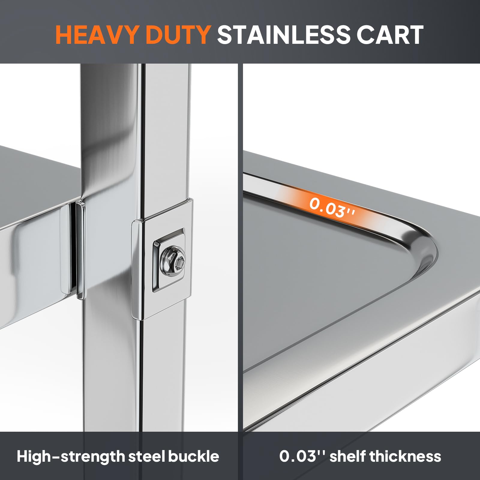 3-Tier Small 330lbs Capacity Stainless Steel Utility Cart with Wheels