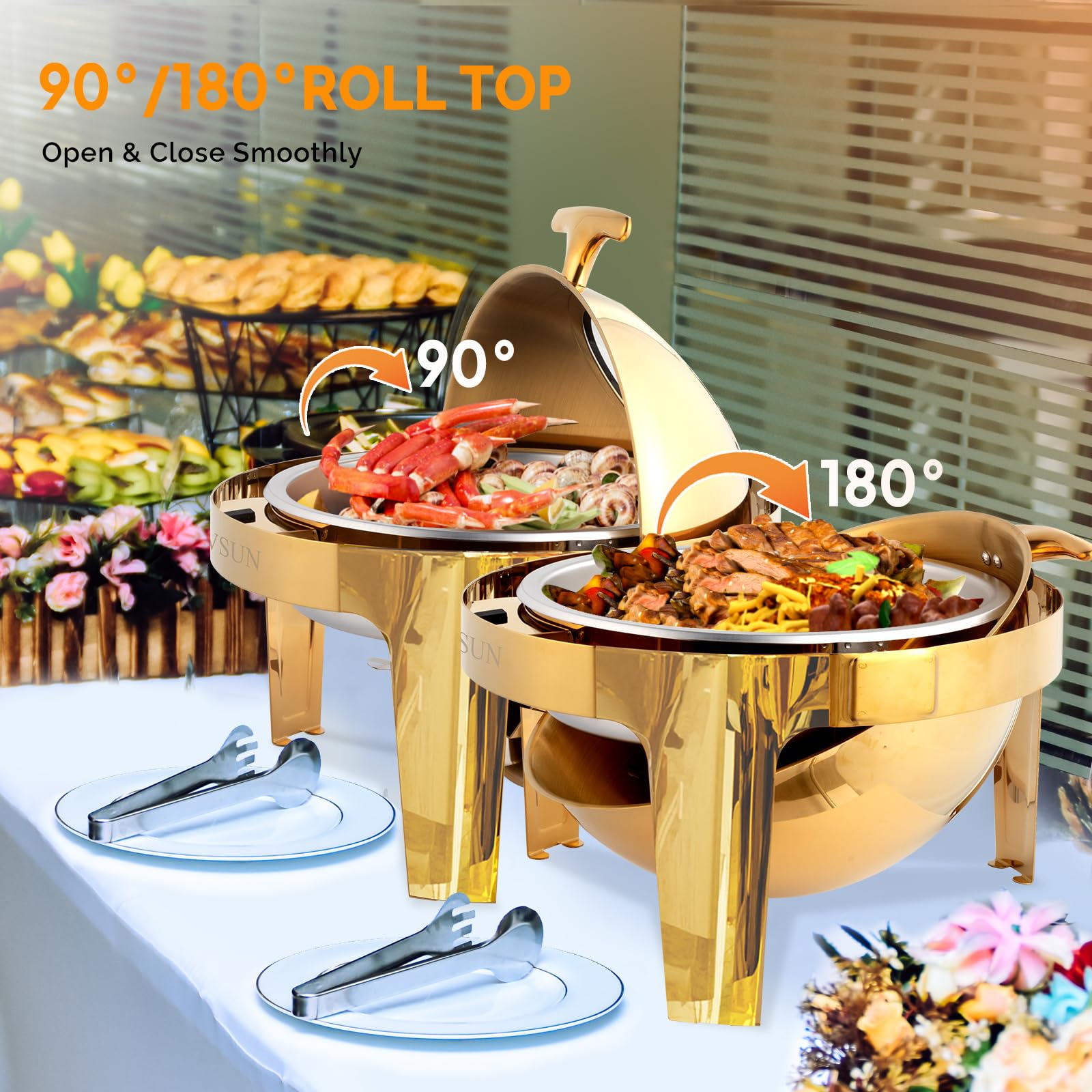 ROVSUN 6 QT Gold Roll Top Round Chafing Dish Buffet Set with Glass Window