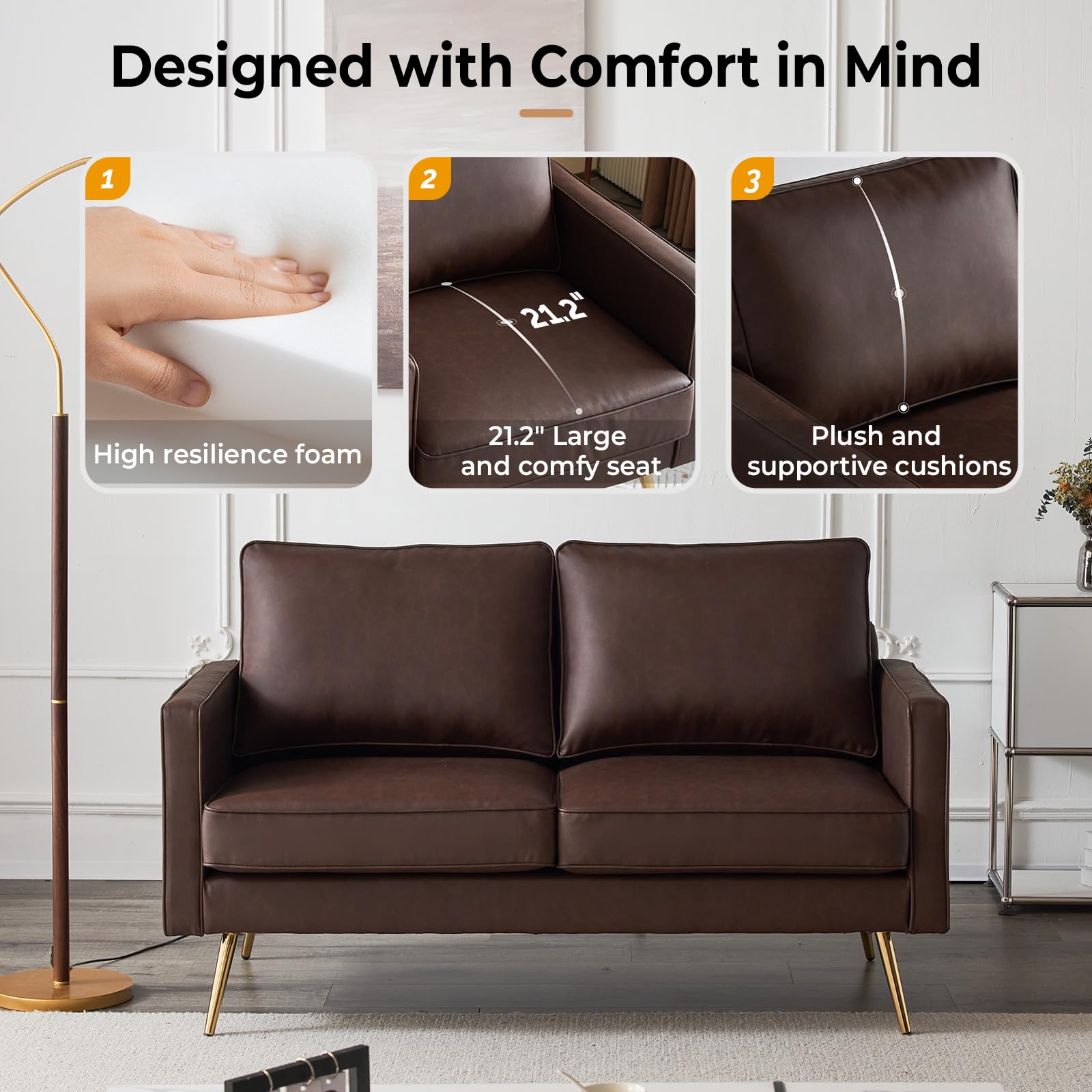 56 Inch 2 Seater Waiting Sofa with Deep Seat PU Leather Dark Brown