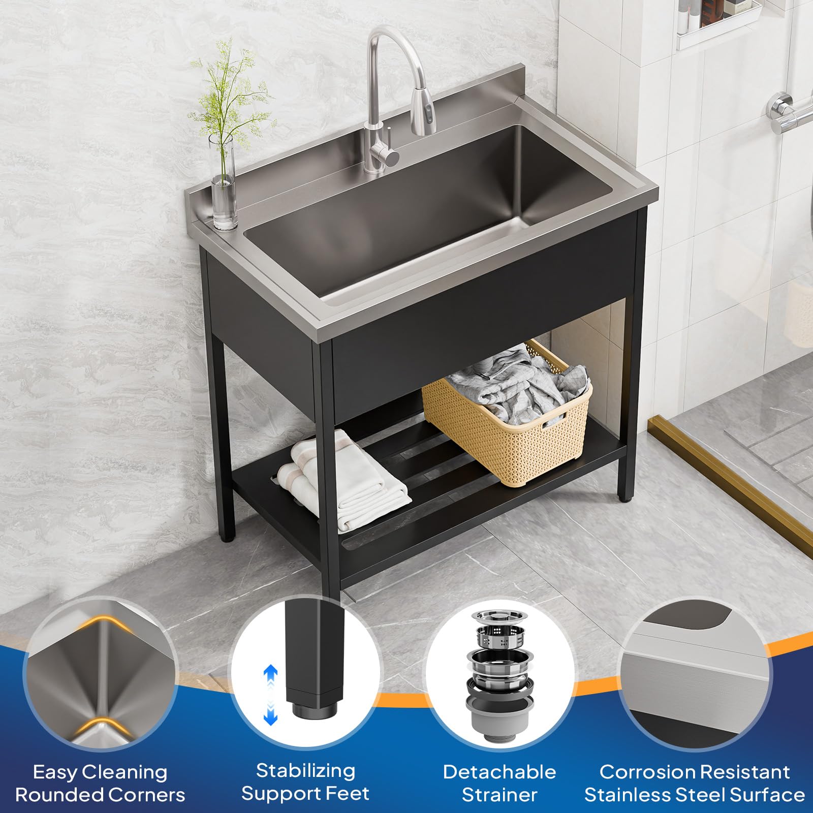 ROVSUN 36" Stainless Steel Utility Sink with Faucet & Draining Rack