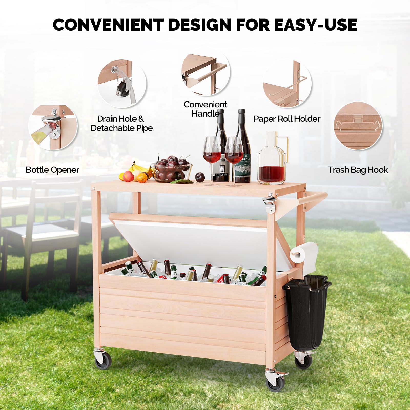 80 Quart Portable Outdoor Patio Rooling Cooler Cart with Table Oak