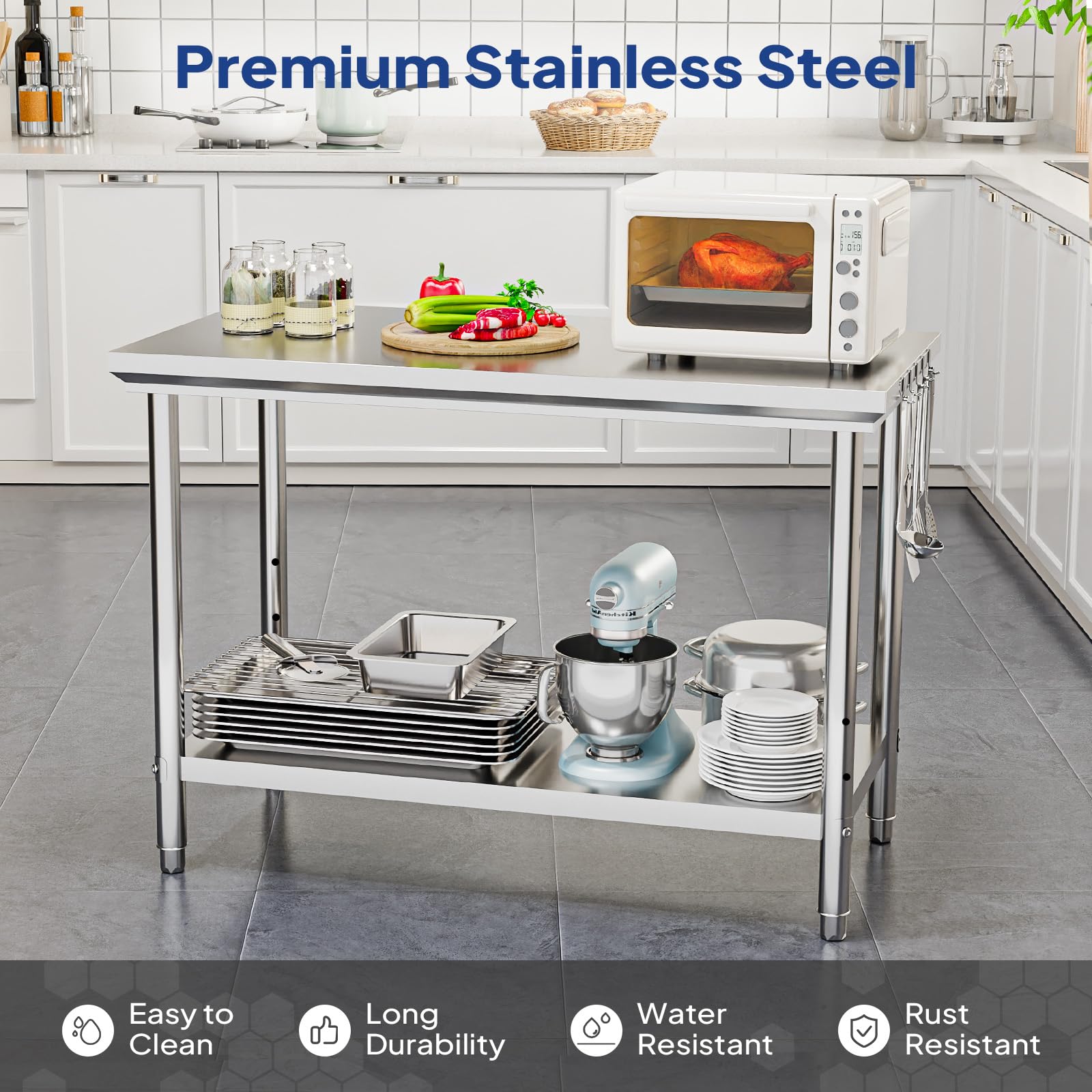 ROVSUN 24" x 48" Stainless Steel Table with Hooks & Undershelf