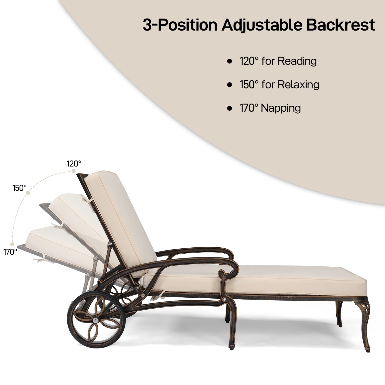 Cast Aluminum Outdoor Chaise Lounge Chair with Cushion Bronze