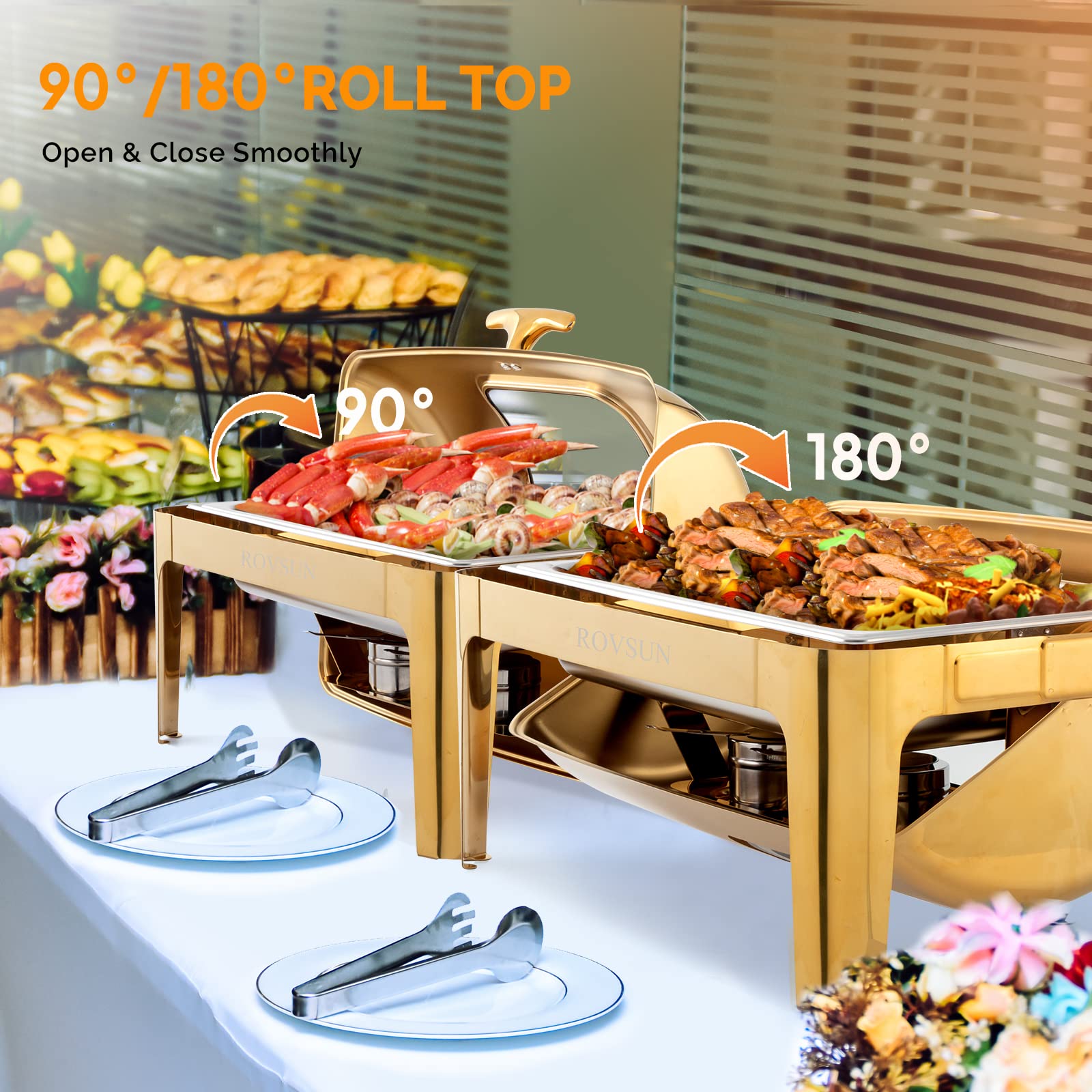 ROVSUN 9 QT Gold Rectangular Roll Top Chafing Dish Buffet Set with Glass Window